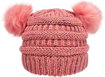 Girls Rainbow Pom Pom Beanies Winter Fleece Lined Knitted Ski Beanie Hat for Kids 7-12 Years