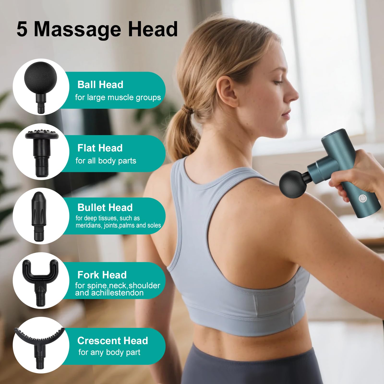 Mini pistolet de massage 3800 tr/min portable pour tissus profonds - Pistolet de massage à percussion musculaire - Pistolet de massage électrique portable avec 4 vitesses et 5 têtes pour la relaxation