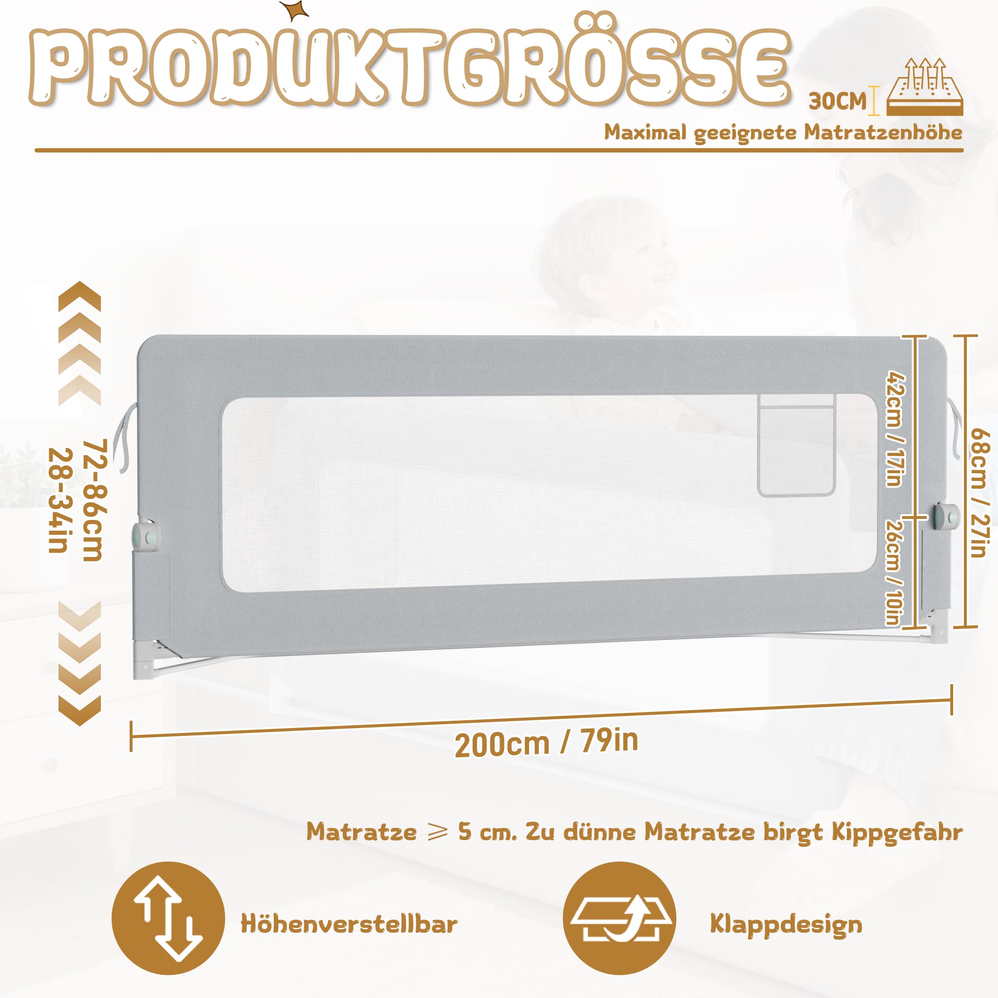 XMTECH 1 barrière de lit pour enfants de 18 mois à 5 ans, protection anti-chute, pliable, portable, pour tout-petits, de 18 mois à 5 ans, grise, 200 cm