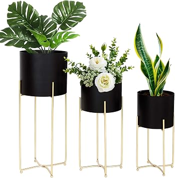 LANPU Modern Planters Stand with Pot, Mid Century Tall Black Planter with Gold Plant Stand, Floor Planter for Indoor Plants Set of 3