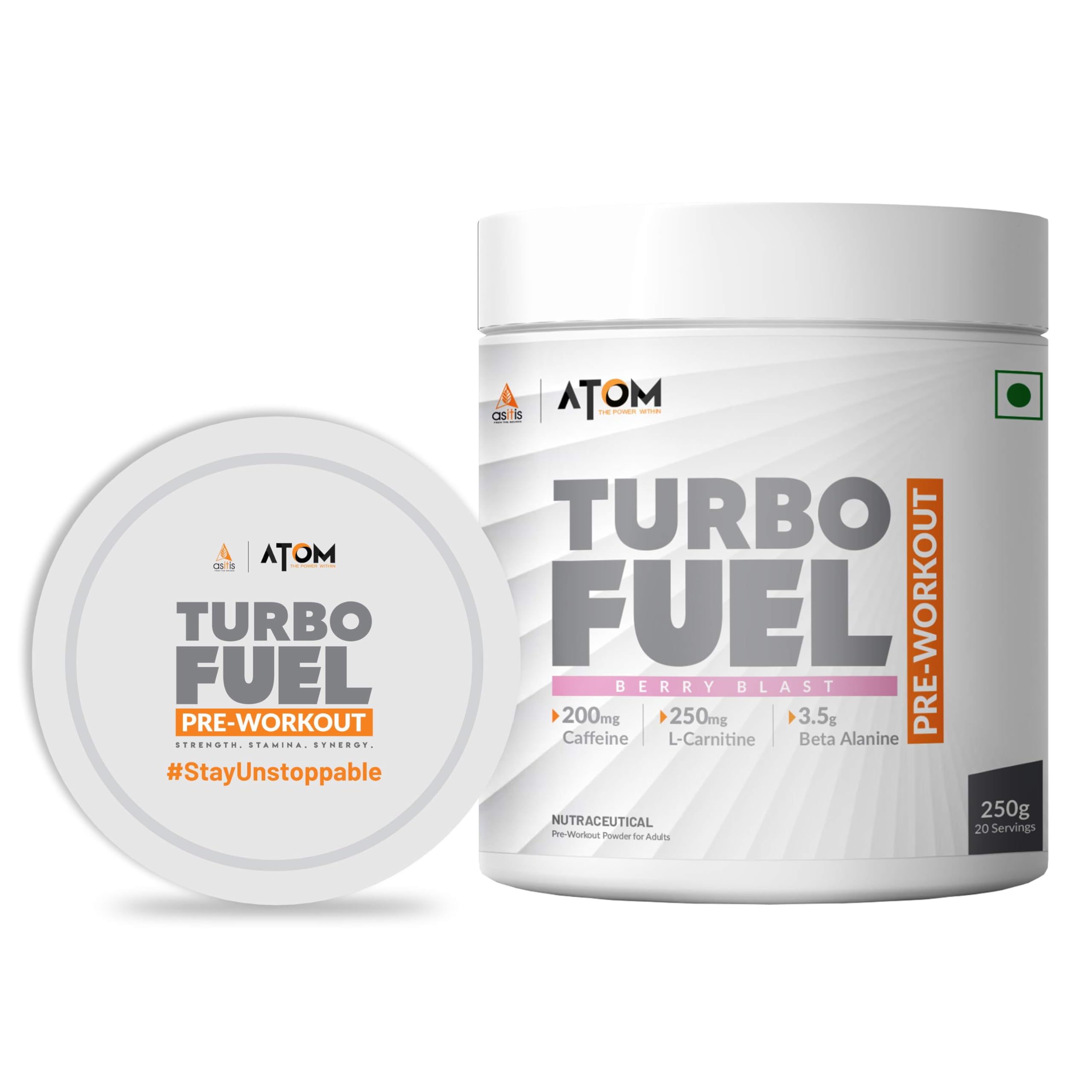 AS-IT-IS ATOM Turbo Fuel Pre-Workout Formula I 200mg Caffeine, 4.3g Citrulline, 3.5g Beta Alanine I Energy, Strength, Focus & Muscle Pump Support I 20 Servings, Berry Blast Flavour-image-9