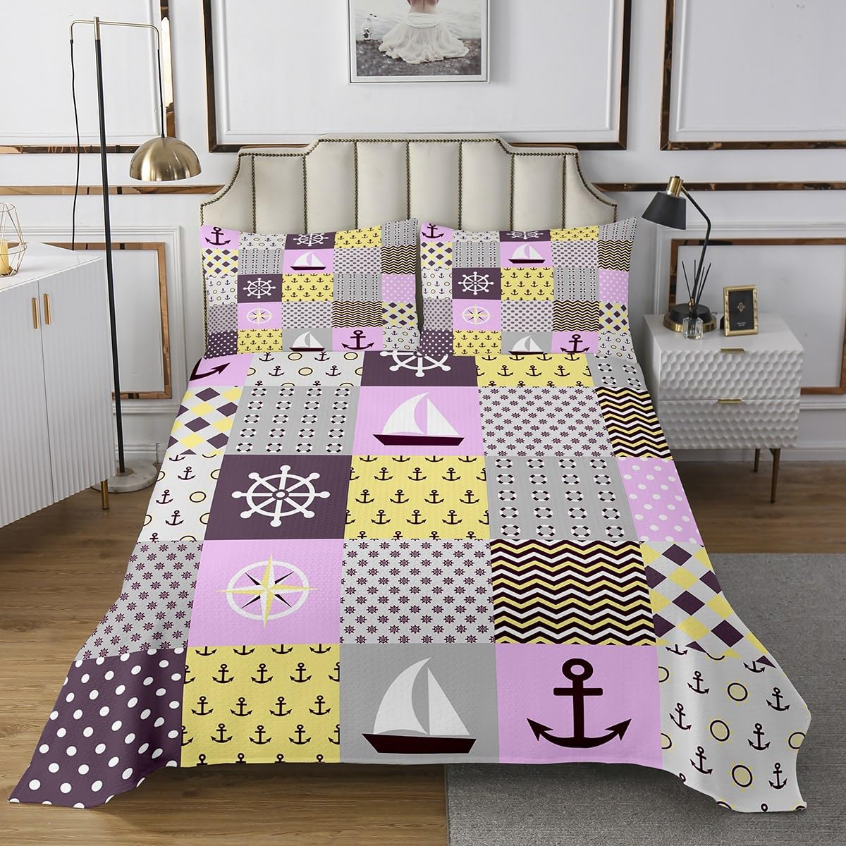 Castle Fairy Nautical Plaid Coverlet Set Queen Size,Cute Anchor Rudder Ship Durable Bedspread for Girls Teens,Purple Yellow Geometric Patchwork Soft Polyester Quilt Set, with 2 Pillowcases