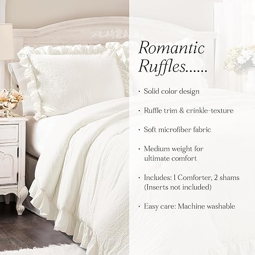 Miniatura 6 de Lush Decor Reyna Juego de ropa de cama de 3 piezas con edredón con volantes y fundas de almohada decorativas, tamaño King californiano, blanco