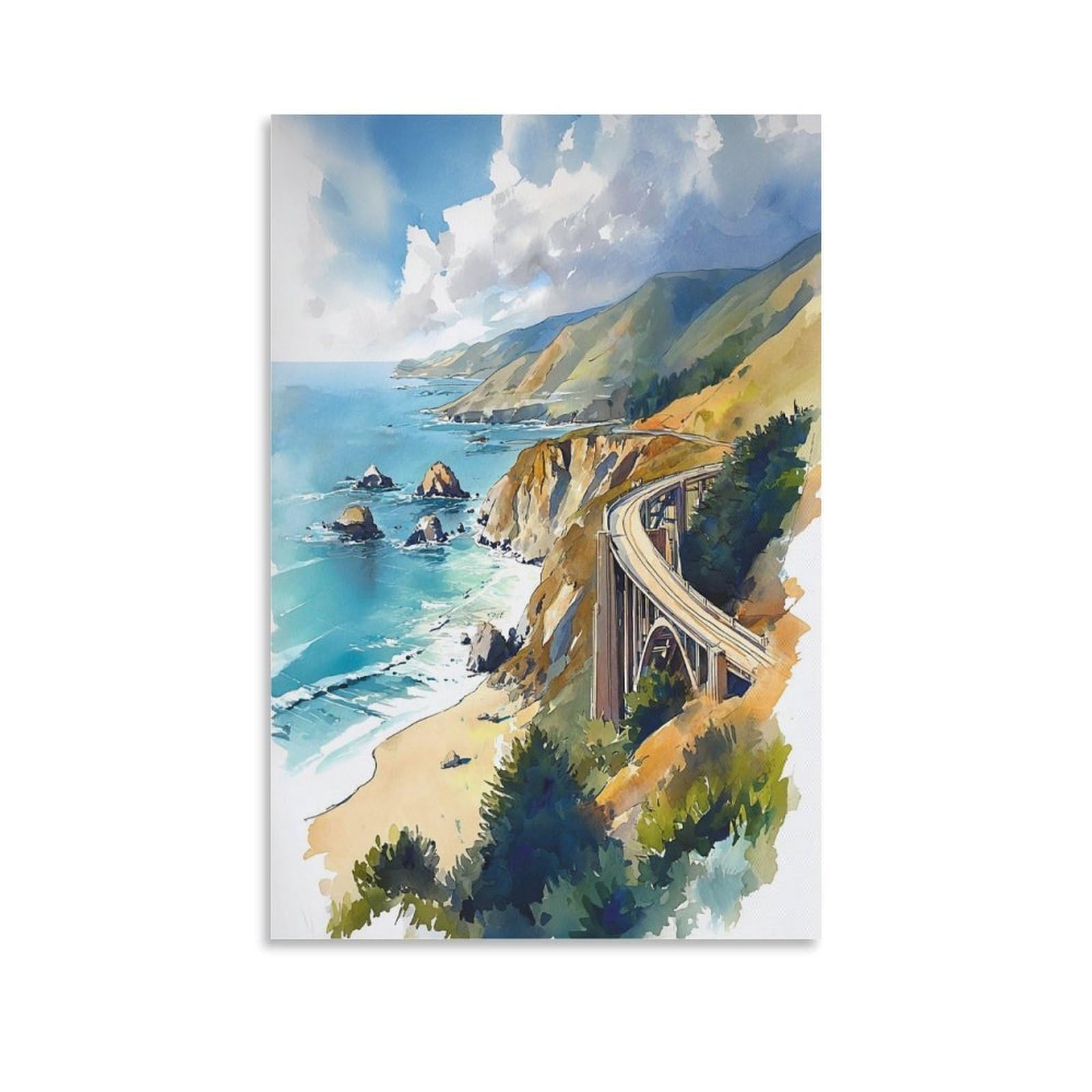 XWYMXZ Big Sur Watercolor Painting California Coast Travel Poster Tree 20x30inch(50x75cm) Vintage Watercolor Canvas Art