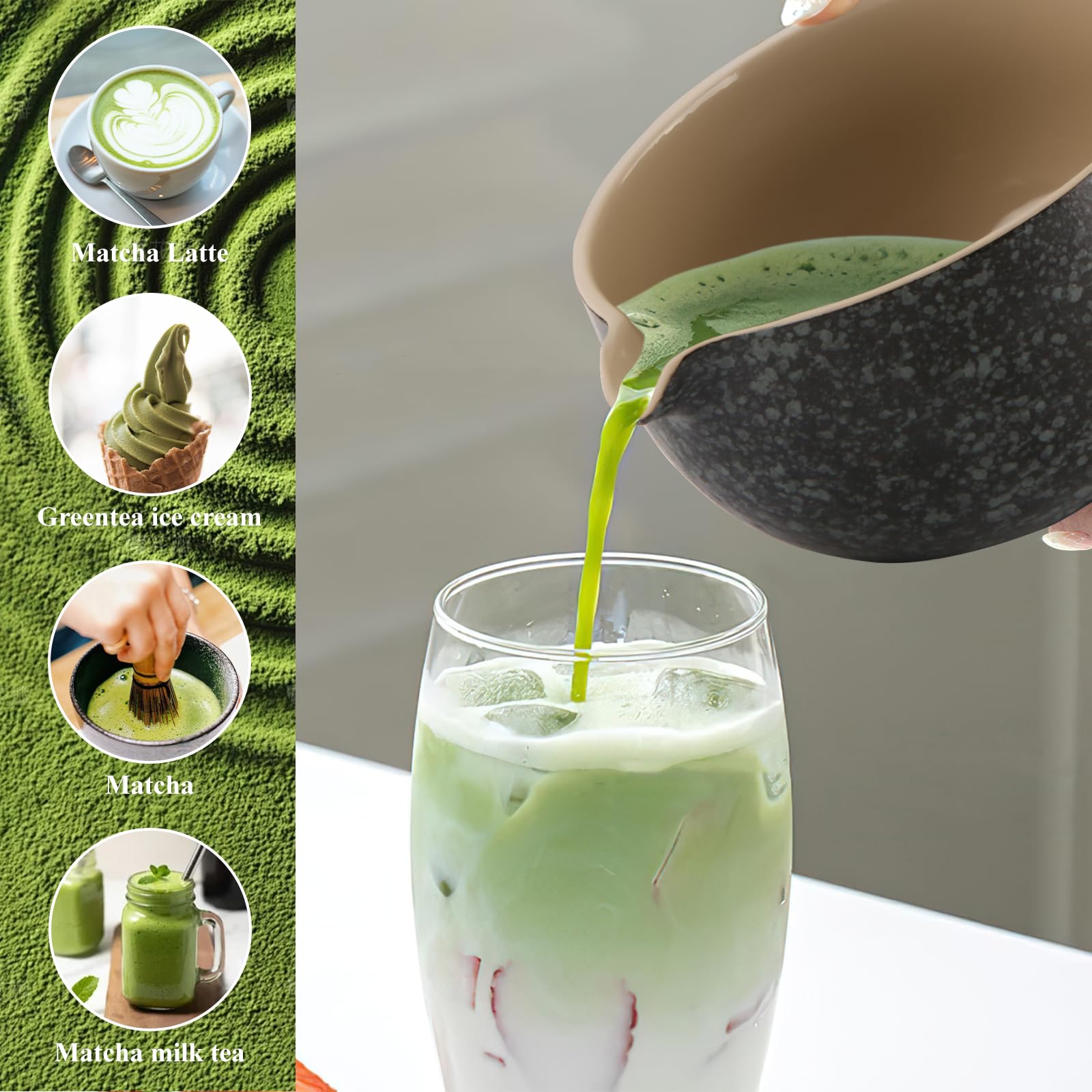7 Piece Matcha Set, Fouet Matcha, Macha Tea Set with Matcha Spoon, Whisk Holder, Matcha Balai, Shovel, Strainer, Matcha Kit Traditional Japanese Tea Ceremony Best Gift for Lovers, Noir moucheté