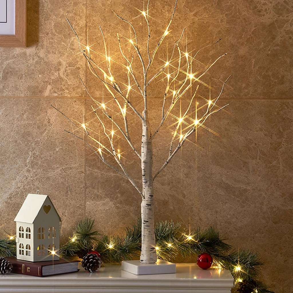 Vanthylit Lighted Tree, White Birch Tree with LED Lights, Prelit Artificial Tree with Timer, Centerpiece Tree Light for Christmas Decorations, Light Up Tabletop Tree Home Decor (2 FT, Warm White)