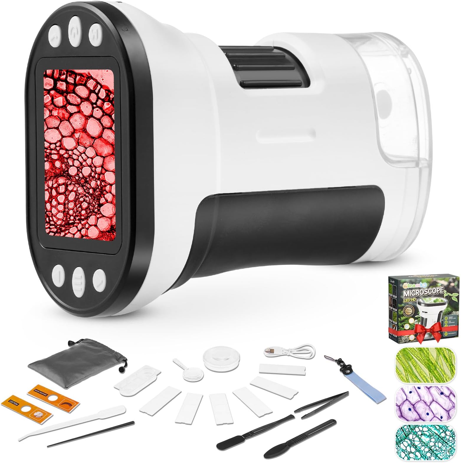 Microscope for Kids, 1000X Portable Pocket Microscope Miniscope, with 2โ LCD Screen Handheld Kids Microscope,Adjustable LED, 600mAh Battery, USB to PC,32G SD Card, for Kids 8-12-White