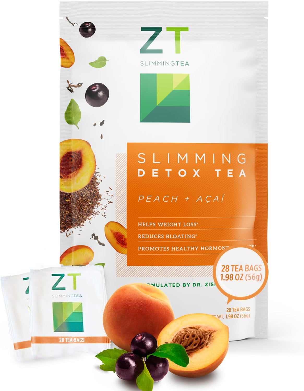 Dr. Zisman ZT Slimming - Peach and Acai Herbal Tea Blend with Ashwagandha, Rooibos and Acai - 28 Day Wellness Blend (28 Tea Bags)