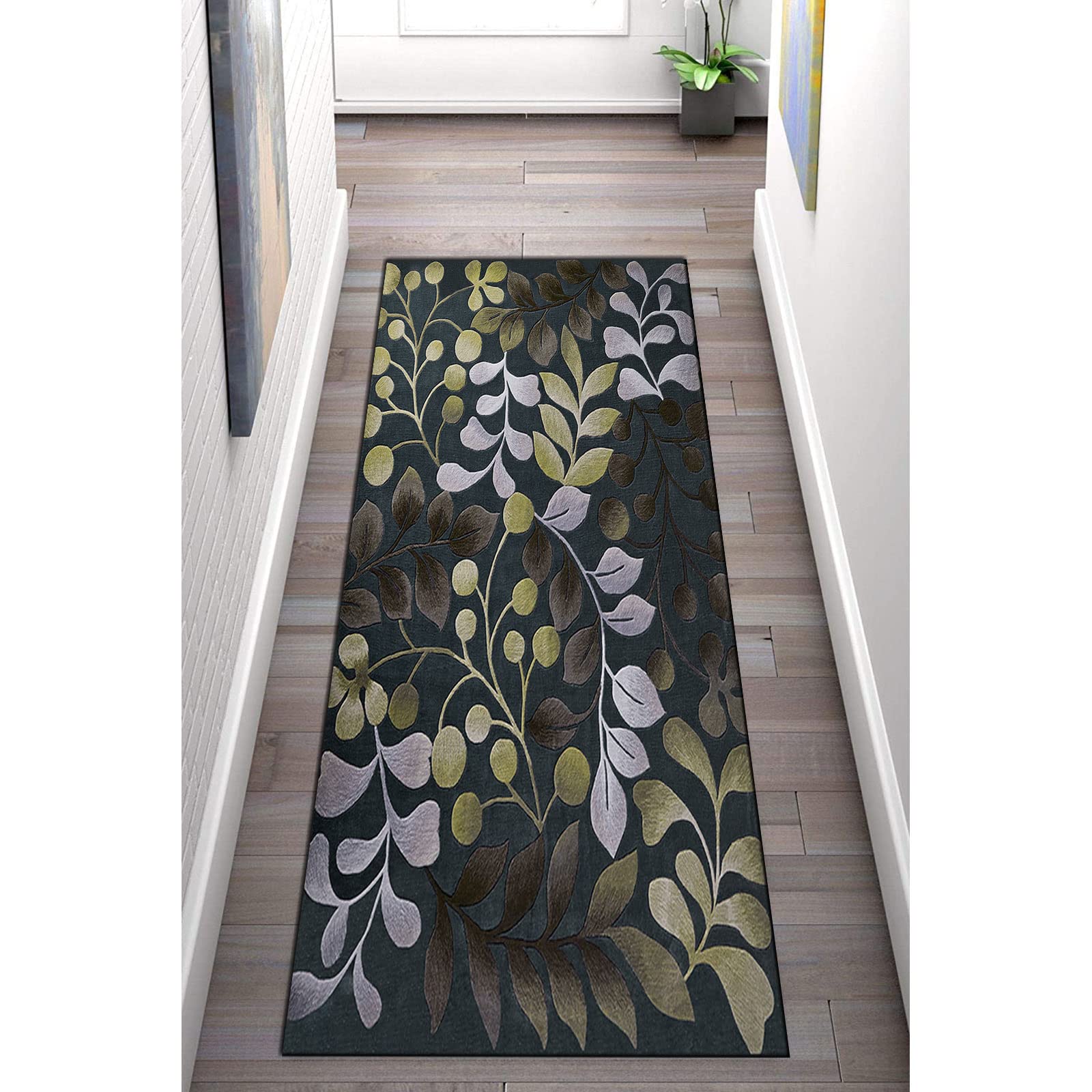 Läufer Teppich Flur rutschfest Waschbar Teppich für Küche Wohnzimmer Modern Traditionell Retro 3D Blätter Design
