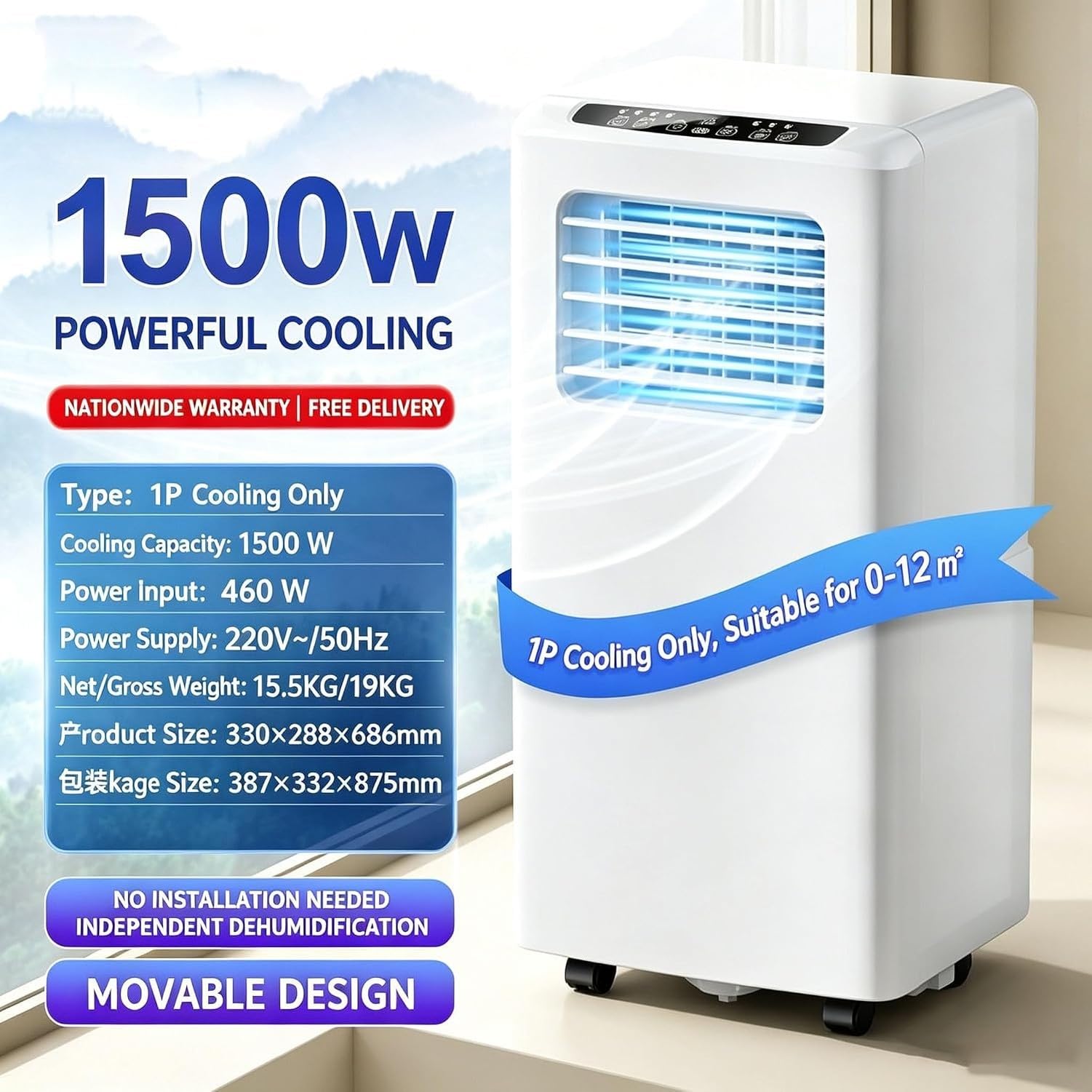 Climatizzatore Portatile 12000 BTU, Condizionatore Mobile Free Standing Senza Installazione, Telecomando Digitale, modalità Notte, 3 velocità Ventola, Kit Scari, Style 5, 5000 BTU