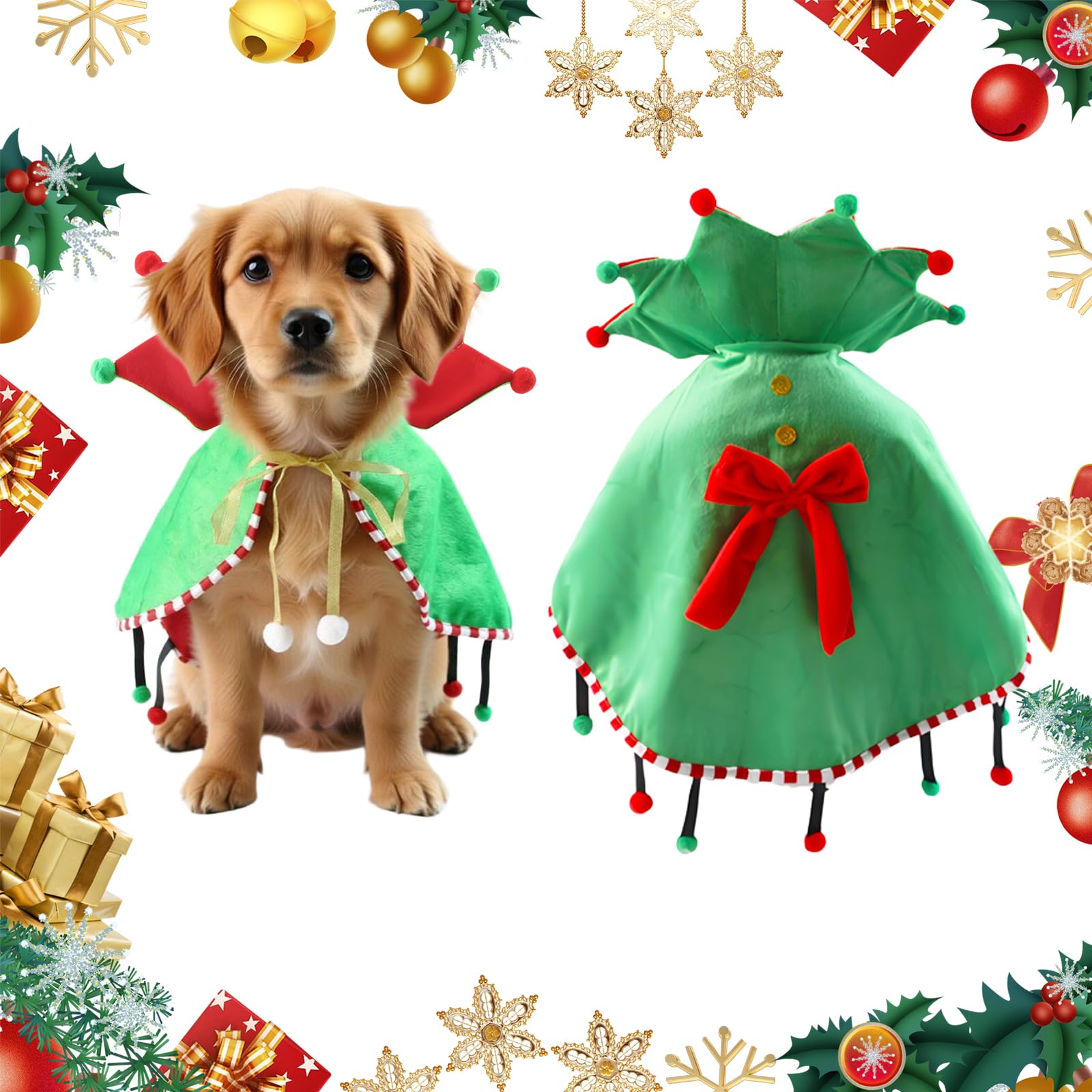 Cute Pet Christmas Costume, Cat Dog Elf Cloak Pet Cape Cat Christmas Holiday Outfit Dog Costume Outfits for Puppy Kitten Small Dogs Pets, For Xmas New Year Birthday Cosplay Party — image 1