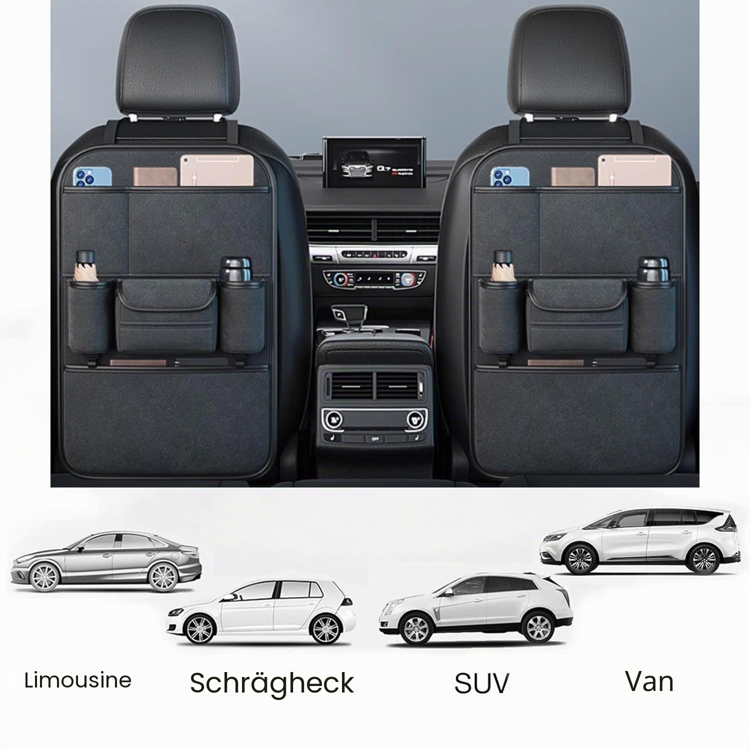 Auto Rücksitz Organizer FüR VW Multivan T6.1 2019-2025, Rückenlehnenschutz Organizer, Rücksitzschoner Kinder mit Tablet Fach, Auto Organizer Kinder Leicht Zu Reinigen(Quality black,Two Storage)