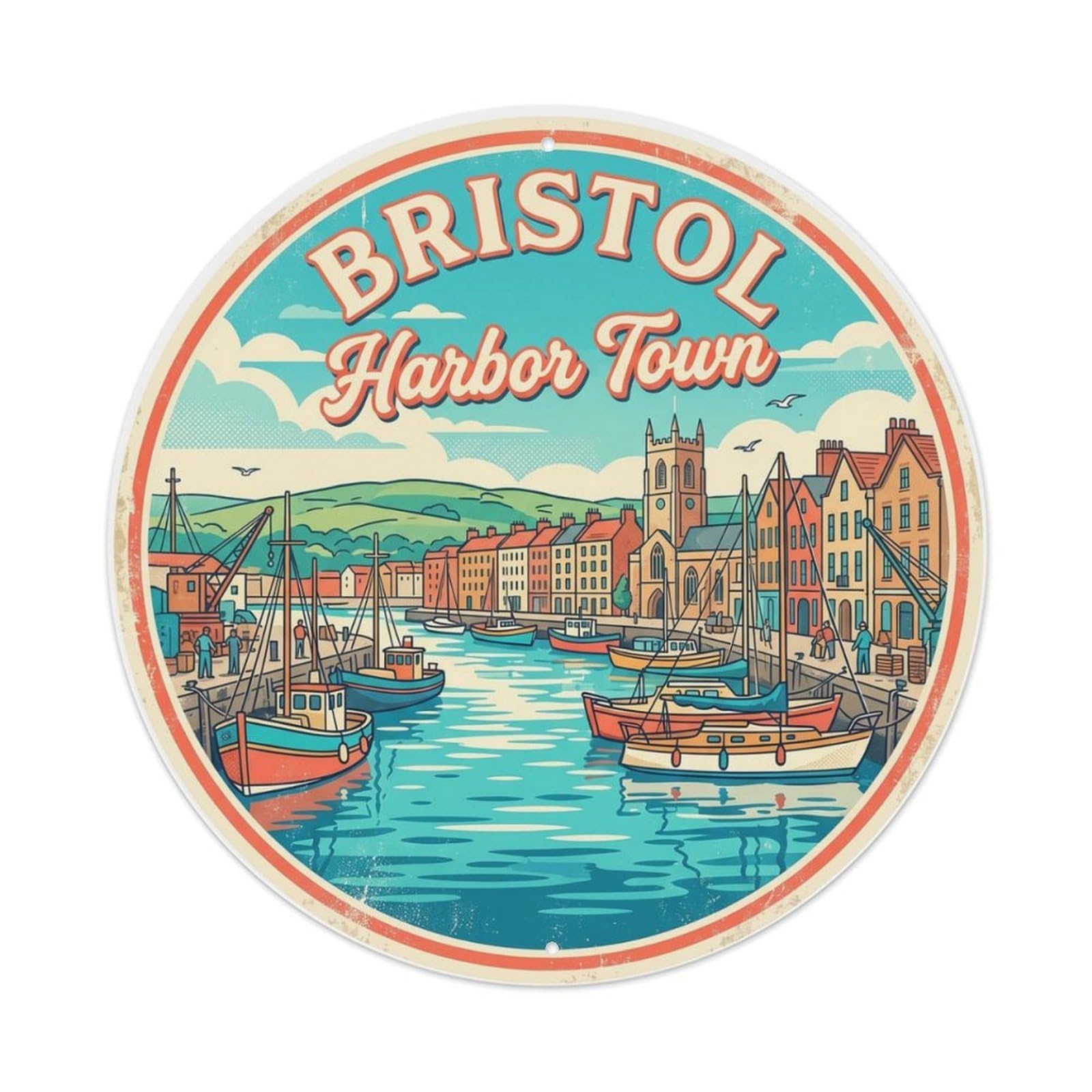 Vintage Travel Bristol Harbour Metal Tin Sign Plaque Wall Decor for Cafe, Club Bar, Office, Home Garden Round Metal Poster 8x8Inch