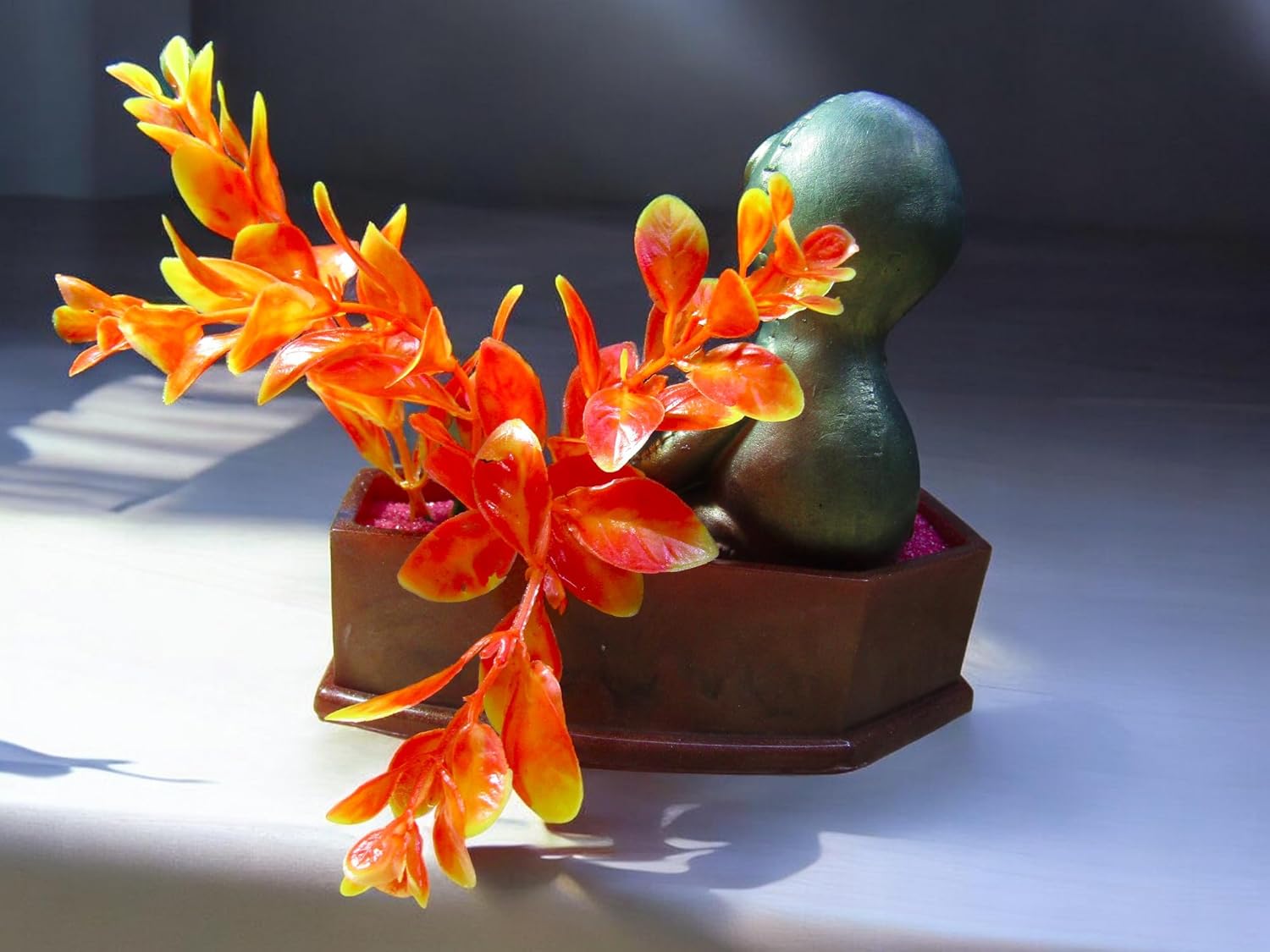 Handmade Voodoo Doll Coffin Aquarium Decoration with Artificial Plant. Gothic Halloween Fish Tank Decor Ornament.