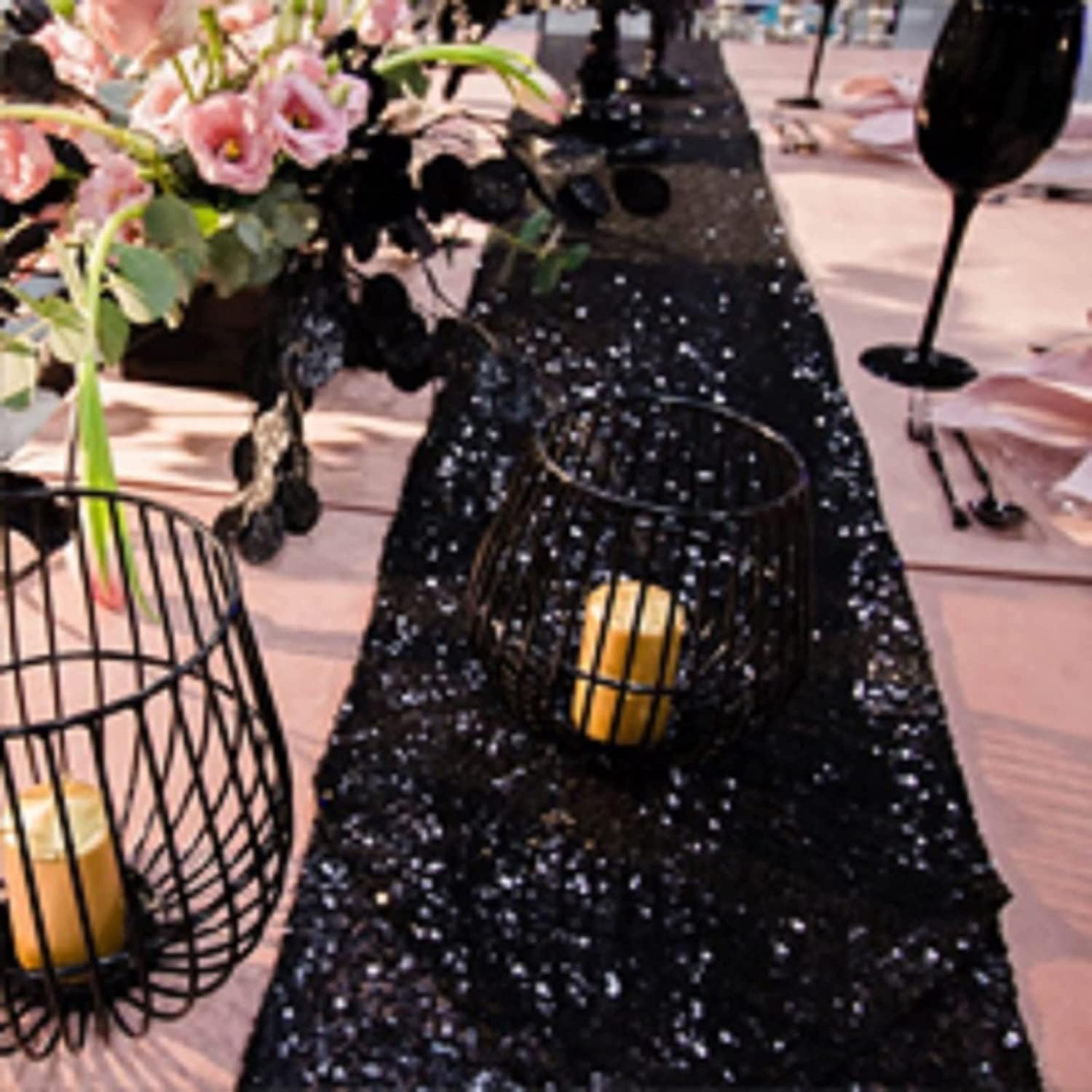 12 Pack Black Sequin Table Runners, 12x108 inch Shiny Metallic Sequin Table Linens Runner Party Decor Black Glitter Party Supplies Fabric for Baby Shower Holiday Celebration
