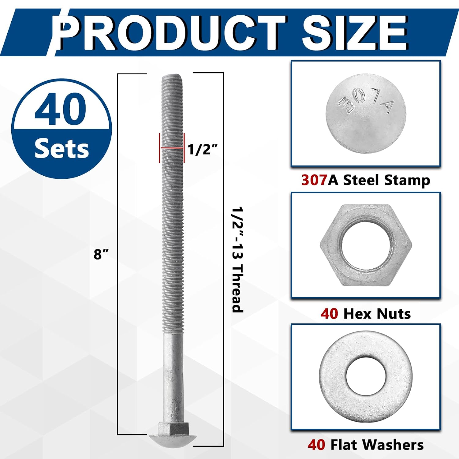 Therwen 40 Pack 1/2" X 8" Carriage Bolts Kits 307A 1/2" USS