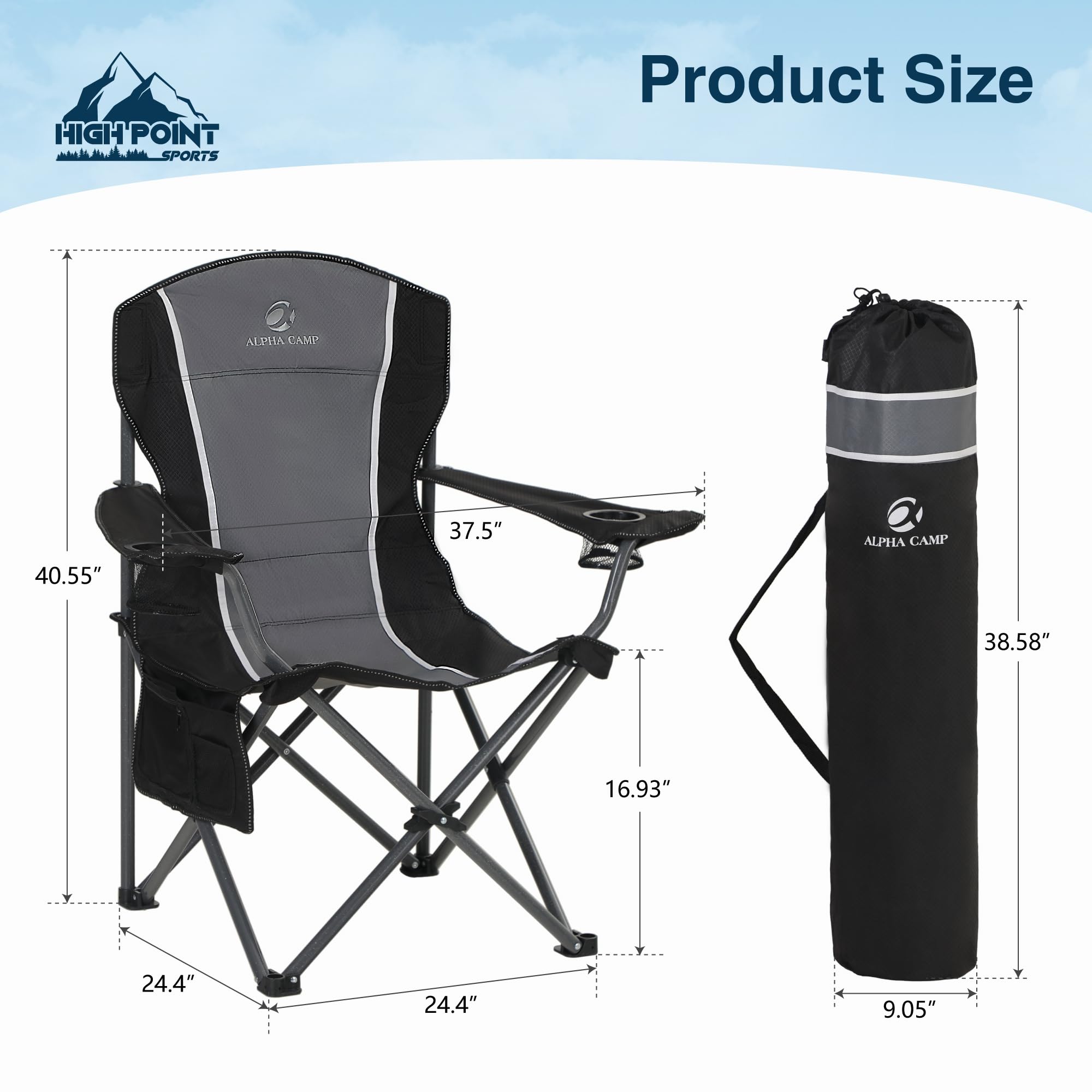 HIGH POINT SPORTS Silla de camping plegable, 160 kg, plegable, con reposabrazos, soporte para bebidas, marco de acero, portátil, color negro y gris, 2 unidades