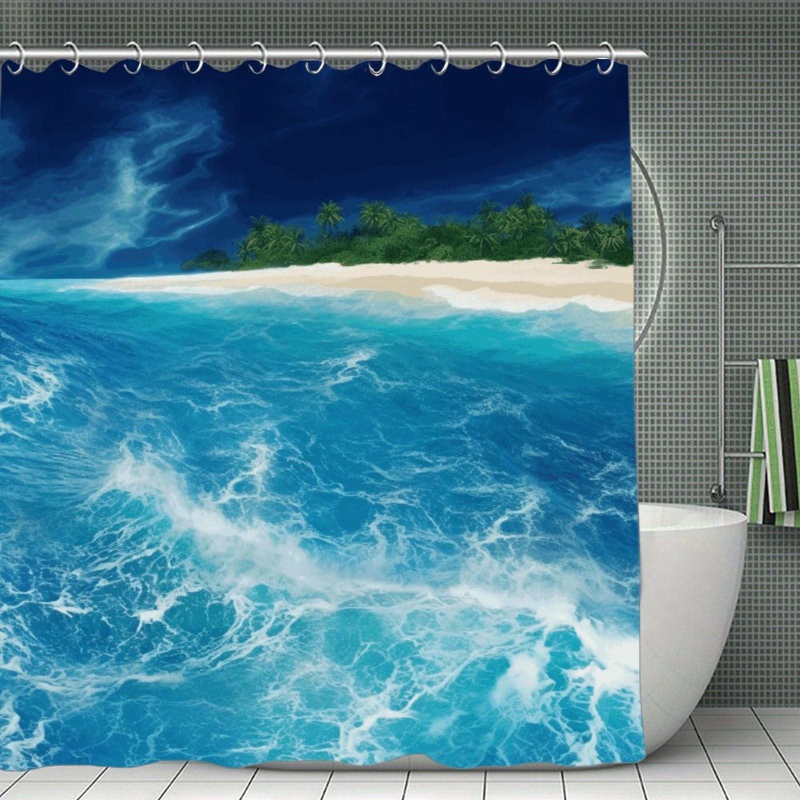 VstaDank Tropical Ocean Beach Theme Shower Curtain Light-Weight Blackout Bathroom Curtain Washable Shower Liner 71x71 Inch Bath Curtain with Metal Holes Bathtub Bath Room