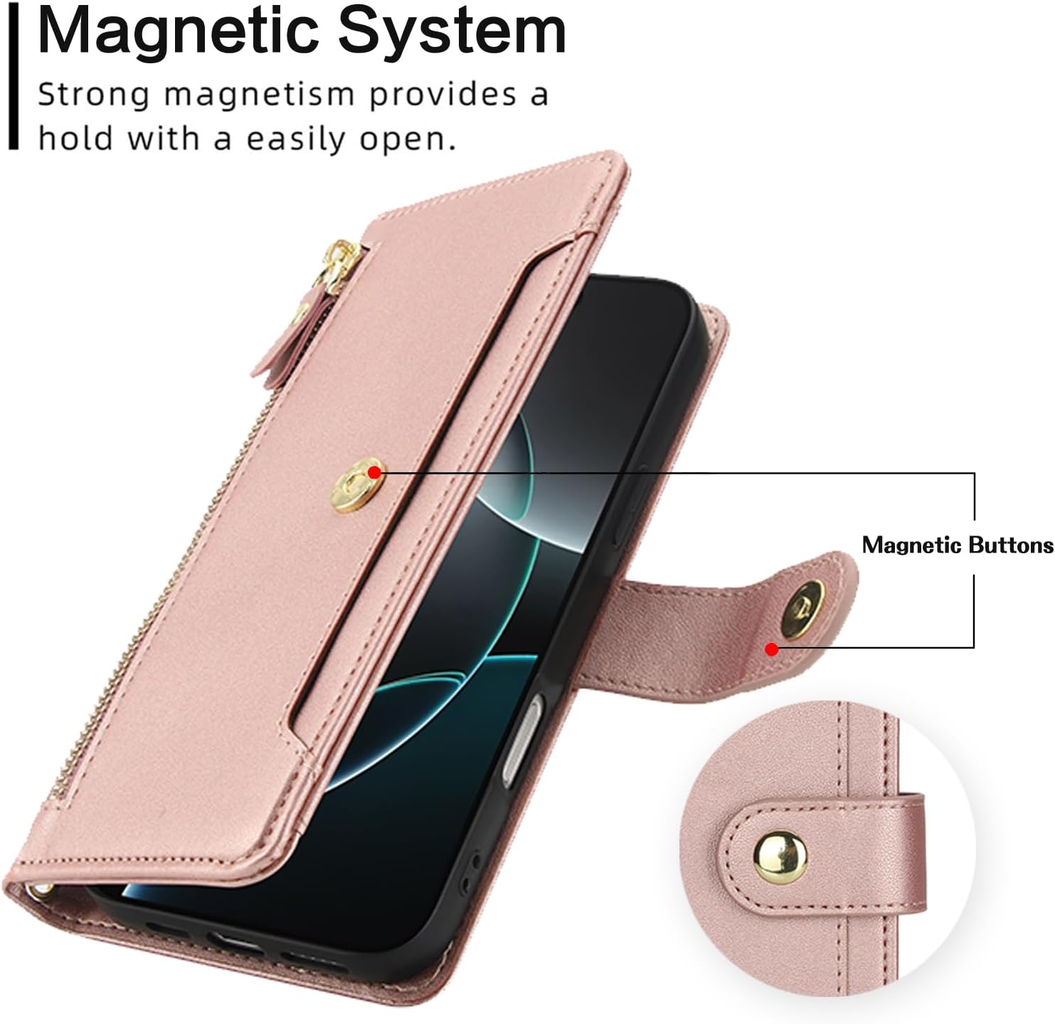 Asuwish Phone Case for iPhone 17 Pro Max 6.9 inch Zipper Wallet Cell Cover, with Tempered Glass Screen Protector and Crossbody Strap, Card Holder i Phone17 17Pro i17 ProMax 17ProMax Women Rose Gold