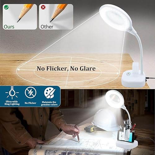 Vista 27 de Lupa 2 en 1 10X con luz y soporte, lámpara de escritorio con lupa LED con base grande, cuello de cisne ajustable, lupa iluminada LED para trabajo