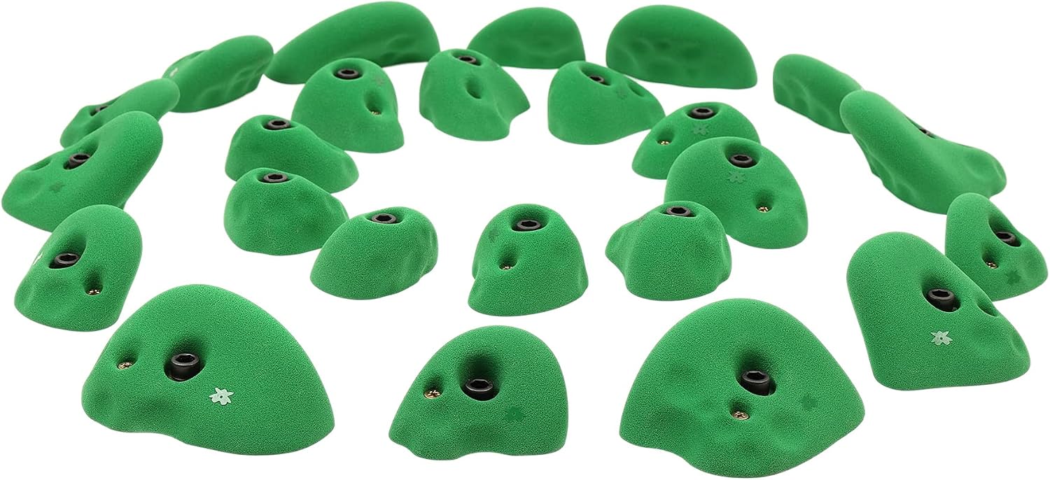 Atomik Rock Climbing Holds Set of 24 Golfus Style Climbing Holds in Green with Outdoor Hardware
