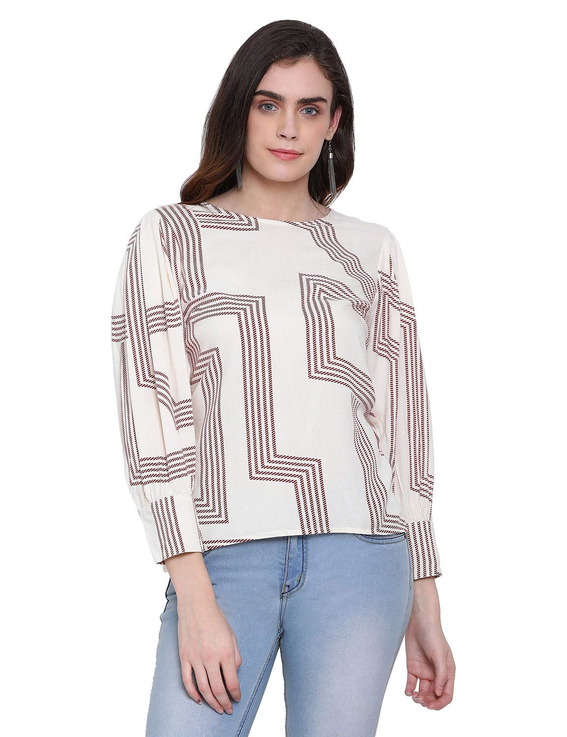 oxolloxo Women Abstract Print 3/4th Sleeves Round Neck Regular Top-image-3