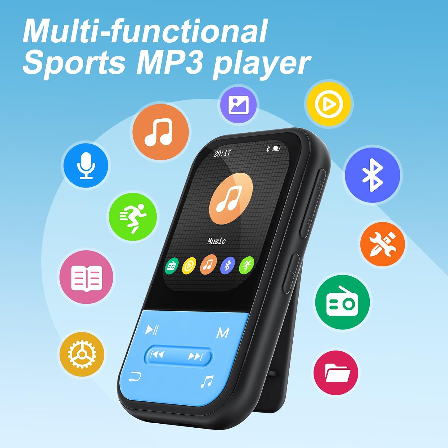 128GB MP3 Player - Clip MP3 Player with Bluetooth 5.3, Portable Music Player with FM Radio, Voice Recorder, Pedometer, Mini Design Ideal for Sport, Earphones Included