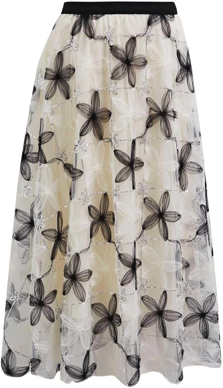 CHICWISH Women Floral Applique Sequin Embellished Mesh Tulle Skirt Casual Flowy Elastic High Waist A-Line Midi Skirt - Image 5