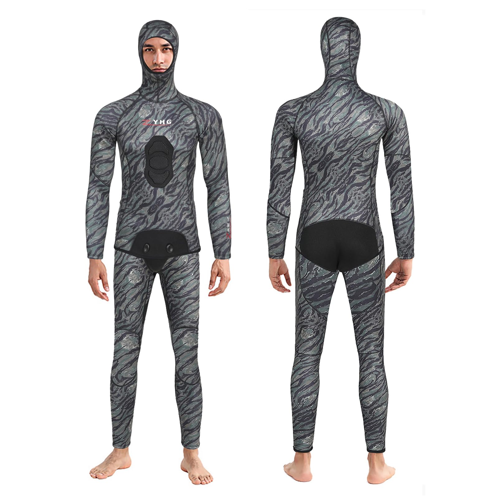 Muta da Pesca Subacquea 3.5mm/5mm in Neoprene con Cappuccio, 2 Pezzi a Cella Chiusa Camouflage con Rinforzo Torace per Apnea e Immersioni in Acque Fredde