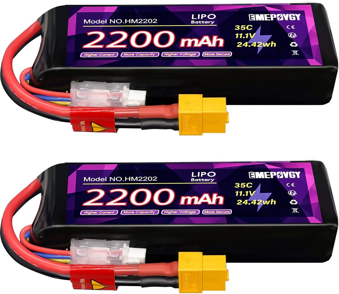 11.1V Lipo Battery Pack 3S 2200mAh 35C with XT60 Plug for FPV Drone Quadcopter RC Airplane Aircraft(2 Packs)
