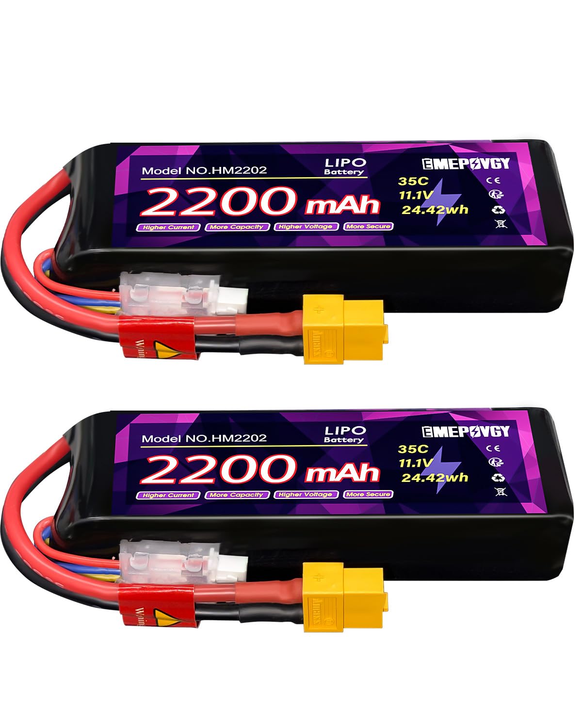 Batteria Lipo da 11,1 V 3S 2200 mAh 35C con spina XT60 per FPV Drone Quadcopter RC Airplane Aircraft (2 confezioni)