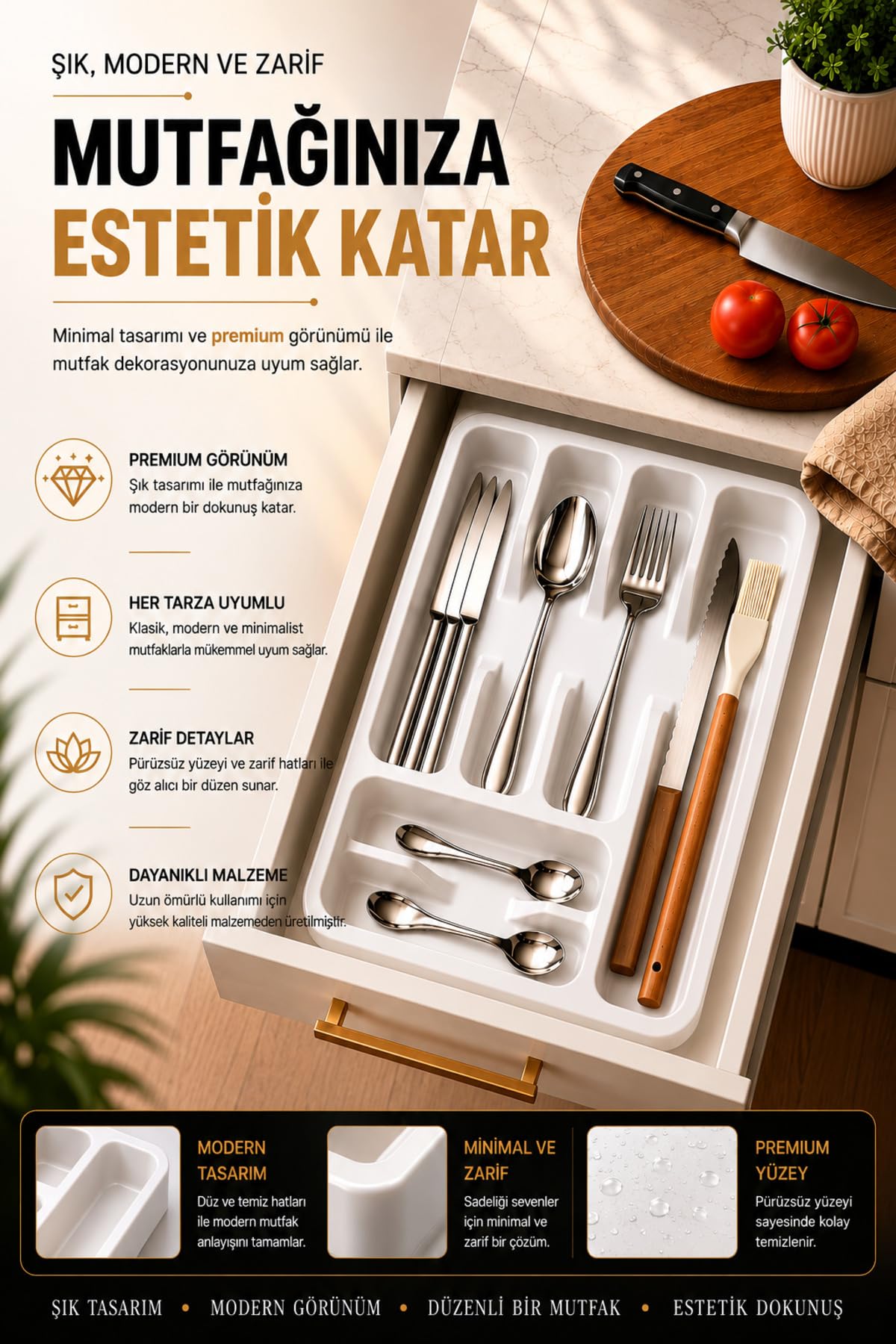 Sas Haus 6 Bölmeli Çekmece İçi Kaşıklık, Plastik Çatal Bıçak Organizeri, Mutfak Düzenleyici Beyaz S-11003