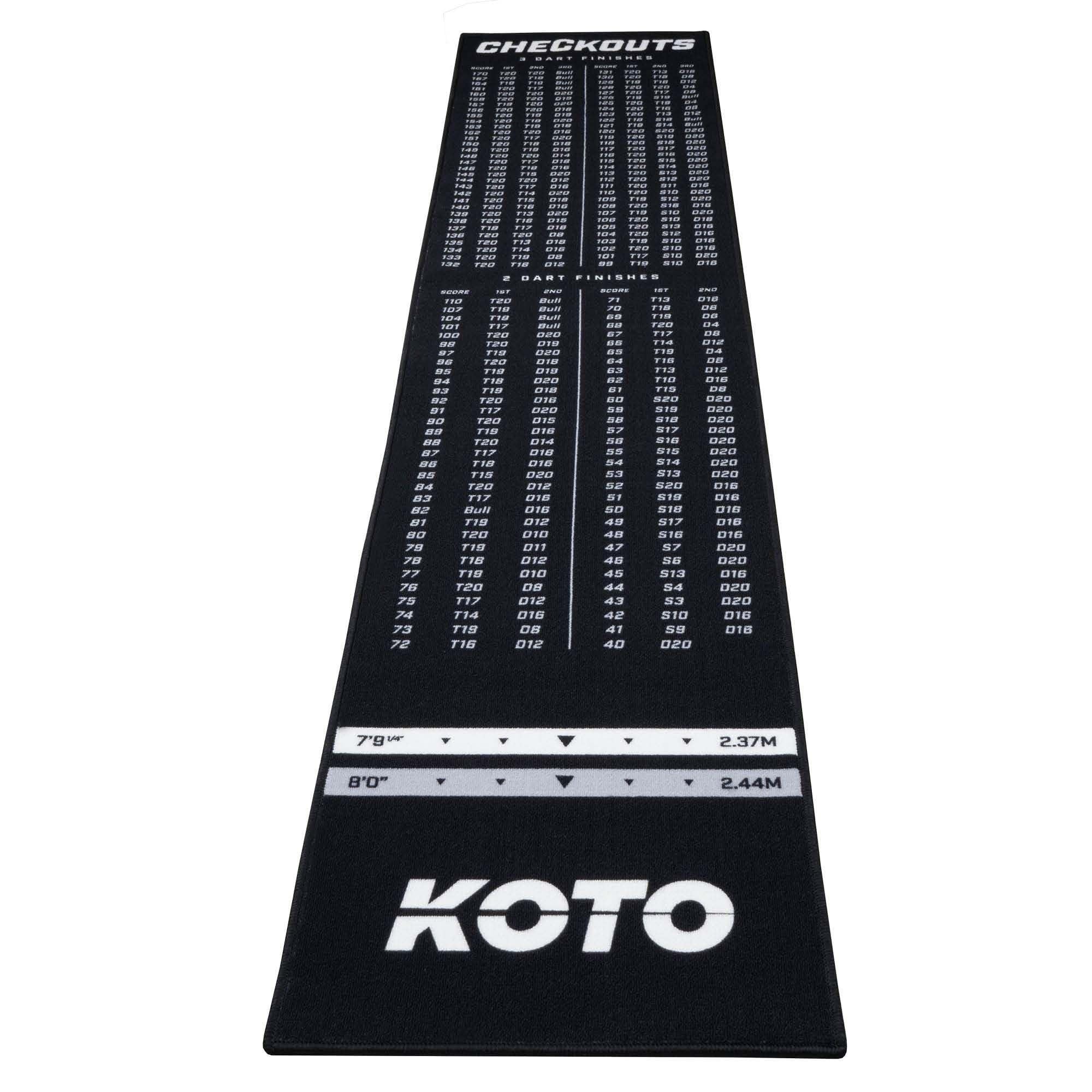 KOTO - Tapis Checkout Noir, 285 x 60 cm + Oche INCL. Indicateur de Score, Tapis de Fléchettes Antidérapant