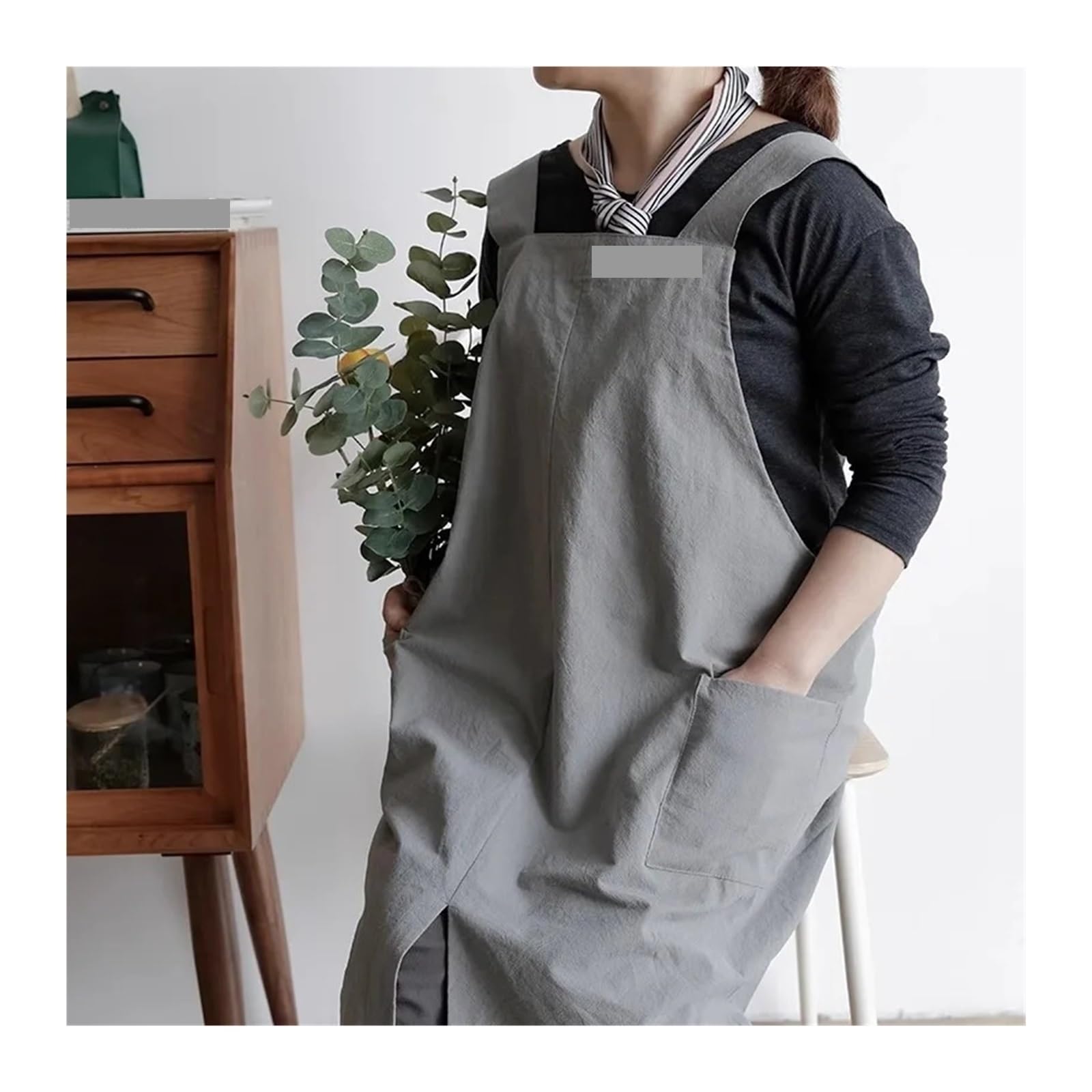 Tela Grembiuli Grembiule da cucina in cotone lavato con spacco frontale tasche for donna e uomo, retro incrociato antisporco for la pulizia della cottura