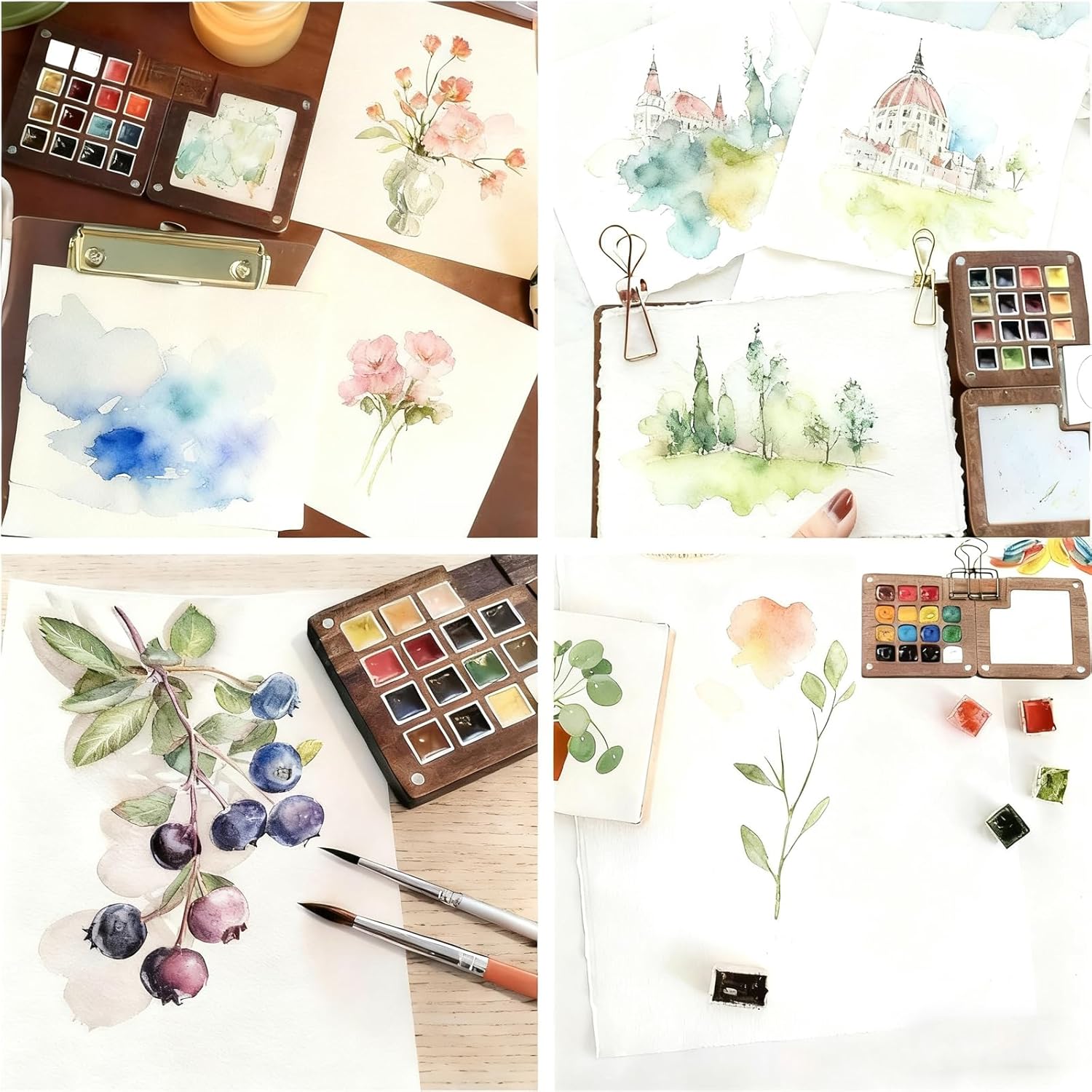 Tobeno1 Mini Watercolor Paint Set, Wooden Mini Portable Paint Palette Travel Kit, with Paint, Brush, Sketchbook & Copper Clip, for Beginners, Artists & Painting Enthusiasts (1 Set)
