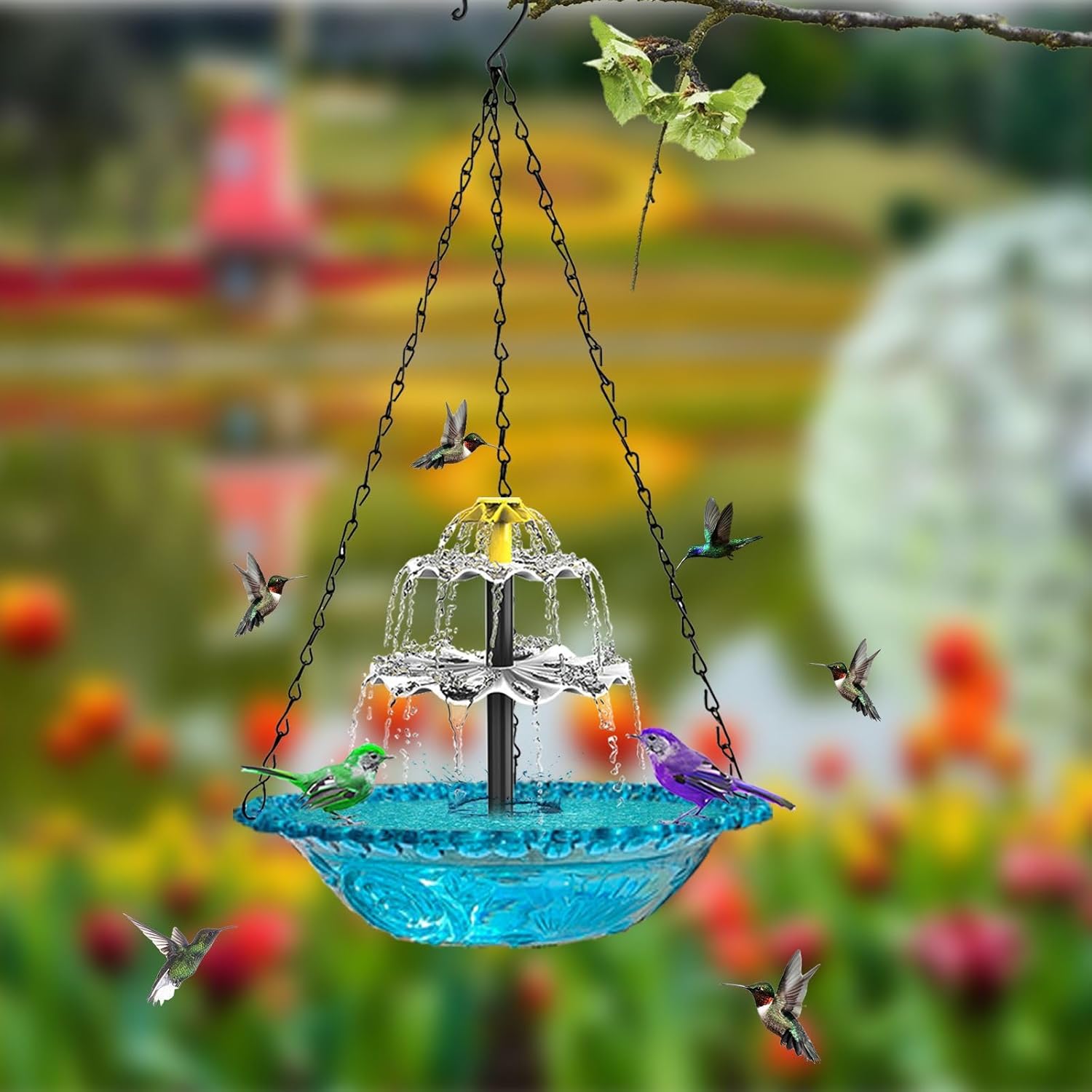 Solar Cascade Hanging Bird Bath Fountain, Solar Powered Cascading Water Fountain, Hanging Solar Bird Baths for Outdoors, Dual-Tier Cascading Design with Solars Pump & Glass Bowl (Blue)