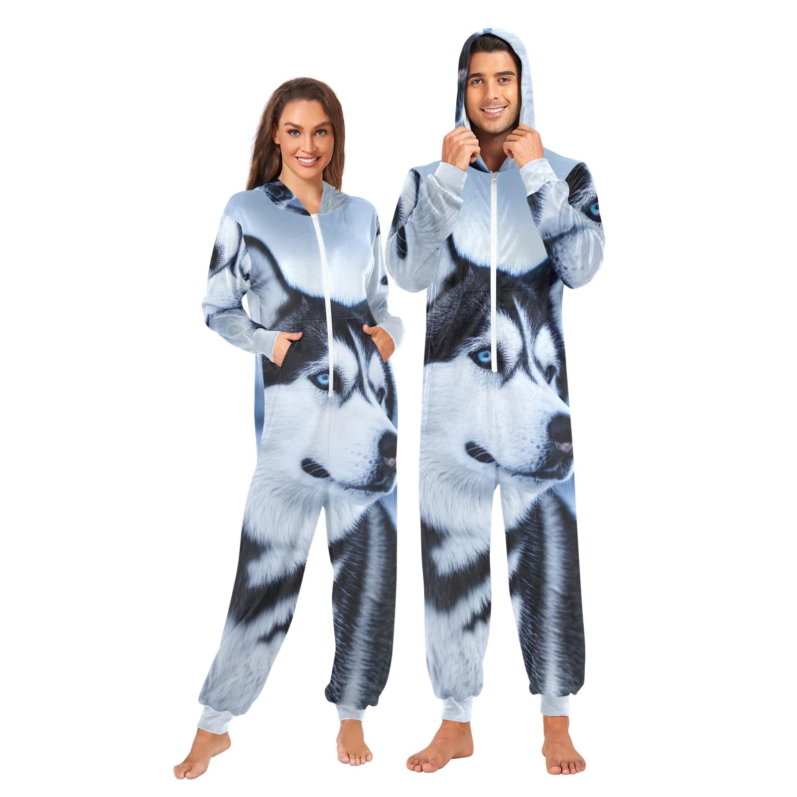 Husky Dog Adulto Pigiama Tuta con Cappuccio Zip Tuta per Donne Uomini Caldo Natale Sleepwear