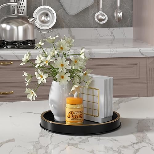 Miniatura 4 de HGF Bandeja redonda para servir, color negro dorado cepillado, bandejas de metal de 9 pulgadas para servilletero, organizador de especias de