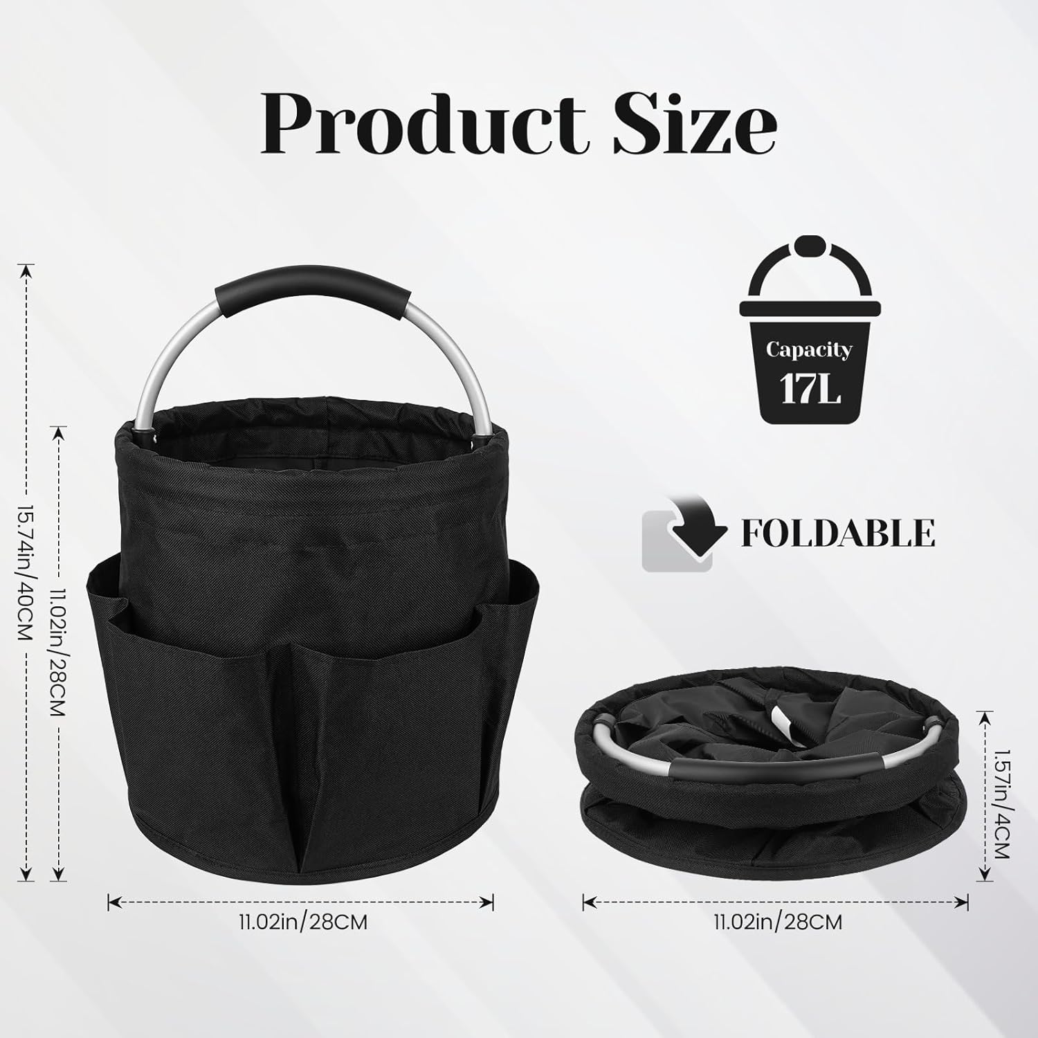 Garden Tool Storage Bucket, Portable Organizer with Multiple Pockets, Black Canvas with Aluminum Handle (Black)
