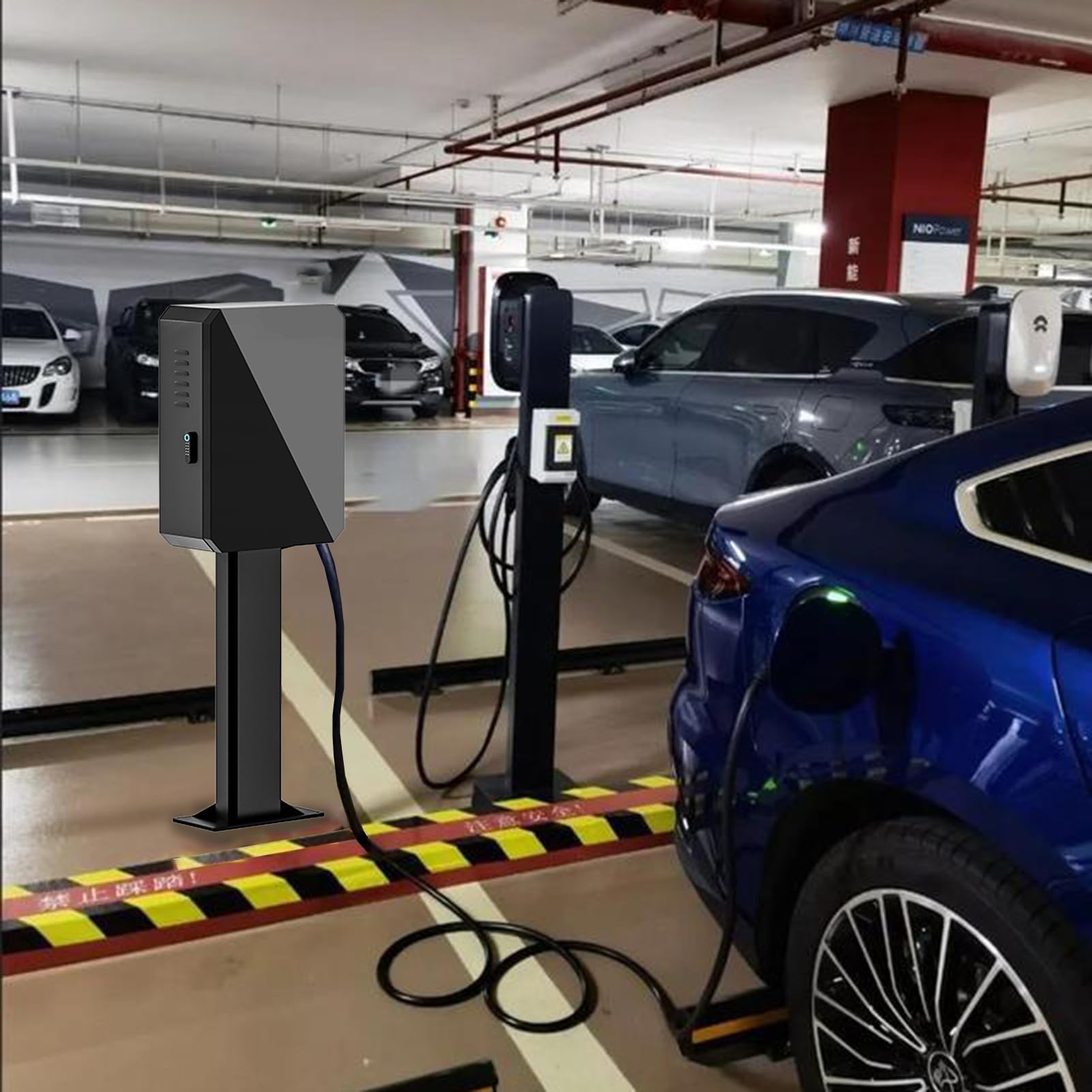 Lockable Garage EV Charger Pedestal with J-Hook Cable Holder, Heavy-Duty Stand for Most EV Chargers, Durable Storage Box - Ideal for Home Charging Solutions (Black)