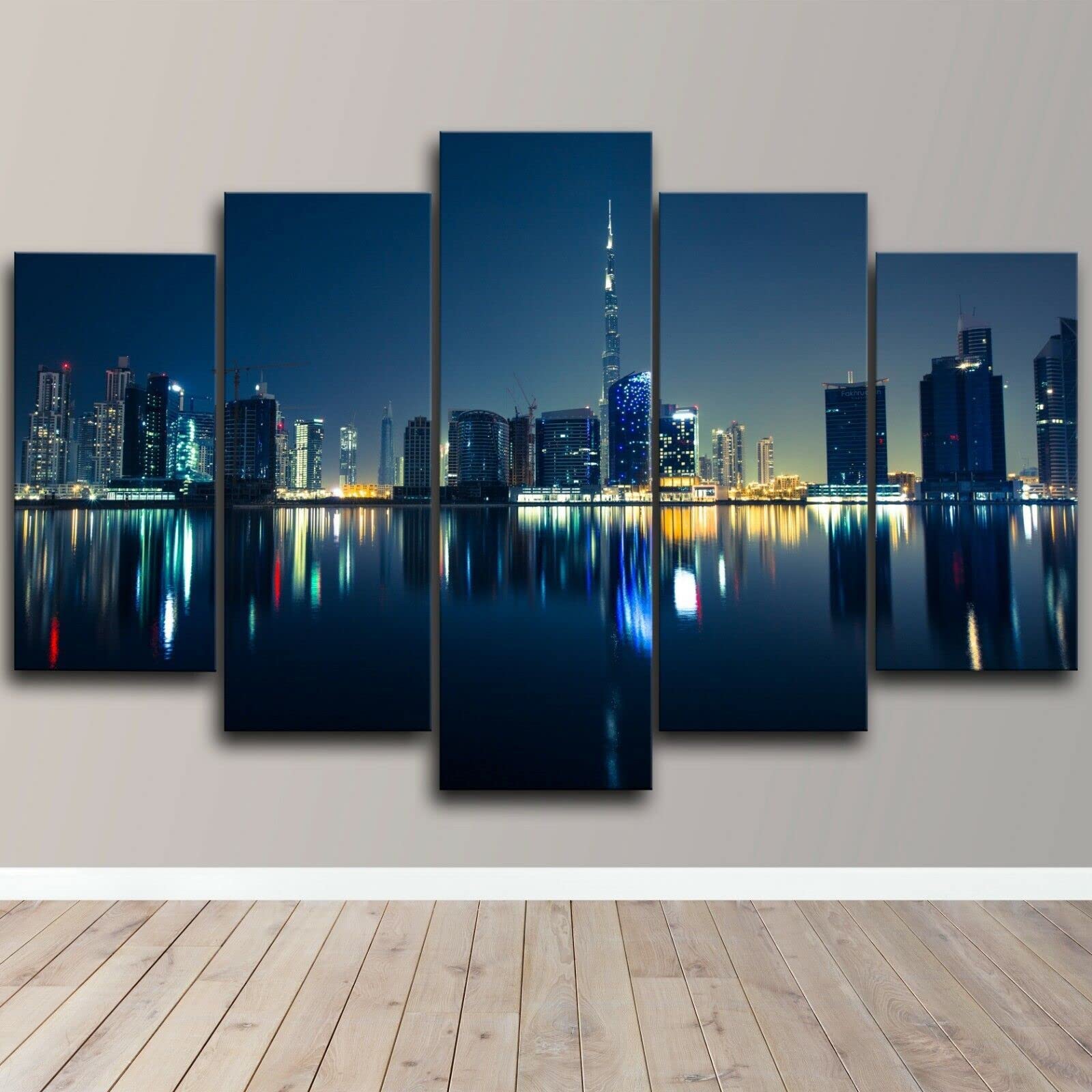 Mit Rahmen Leinwandbild 5 TLG Kunstdruck,Bilder auf Leinwand 5 TLG Vlies Wandbild Dubai City Wunderbare Beleuchtung mit Blick auf den See,Leinwand Gemälde xxl,Tapete,leinwanddrucke,5 Stücke Bilder