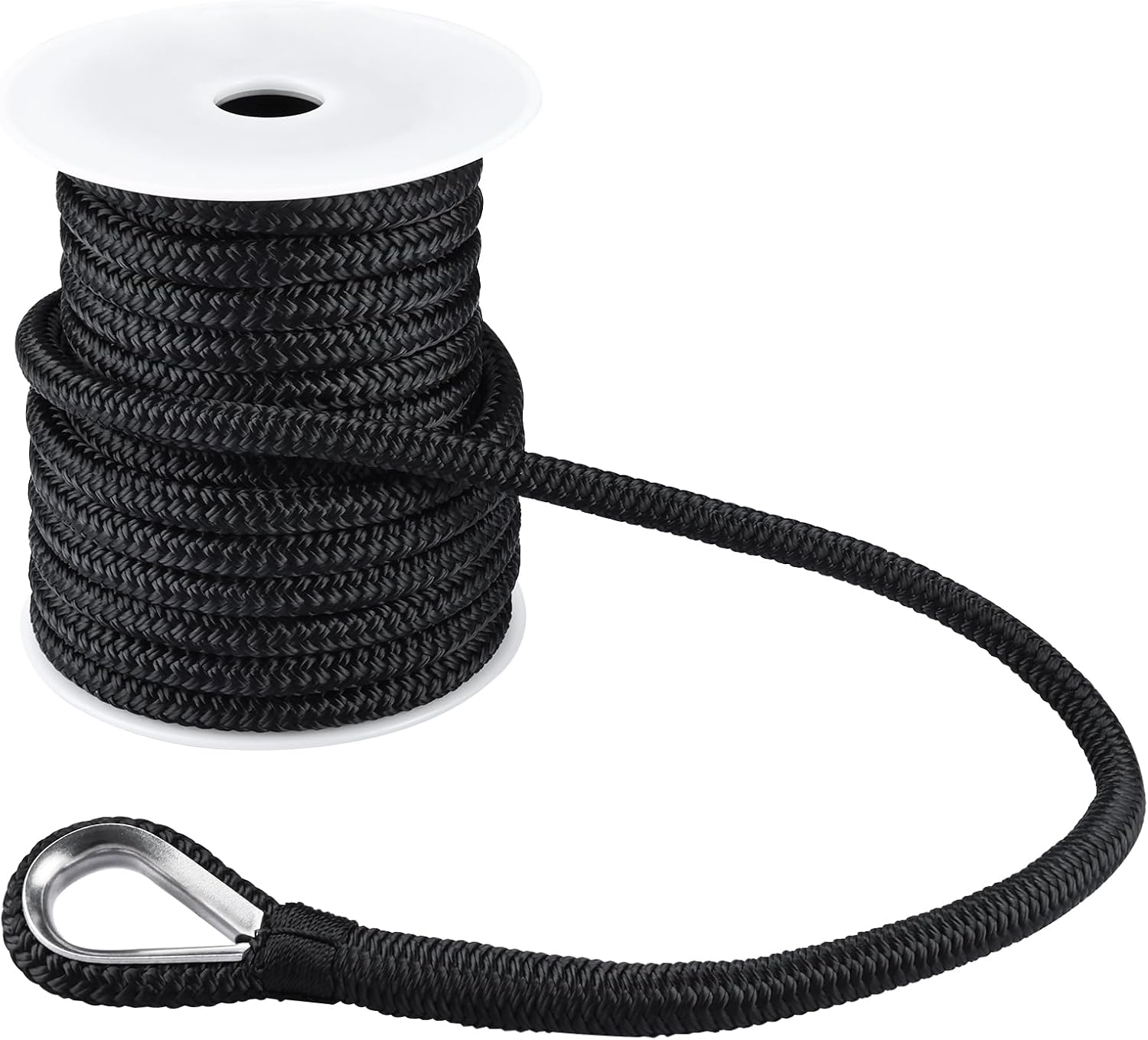 YaeMarine Double Braid Nylon Anchor Line Anchor Rope Marine Rope Black 1/2" x 100 ft with Stainless Steel Thimble