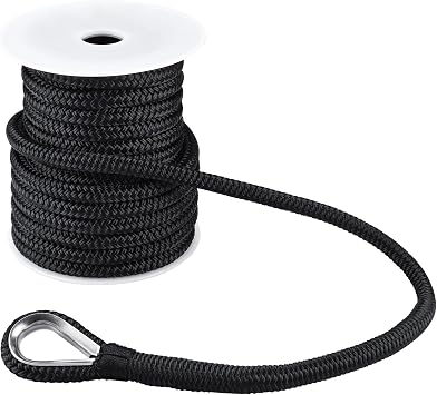 YaeMarine Double Braid Nylon Anchor Line Anchor Rope Marine Rope Black 1/2" x 50 ft with Stainless Steel Thimble
