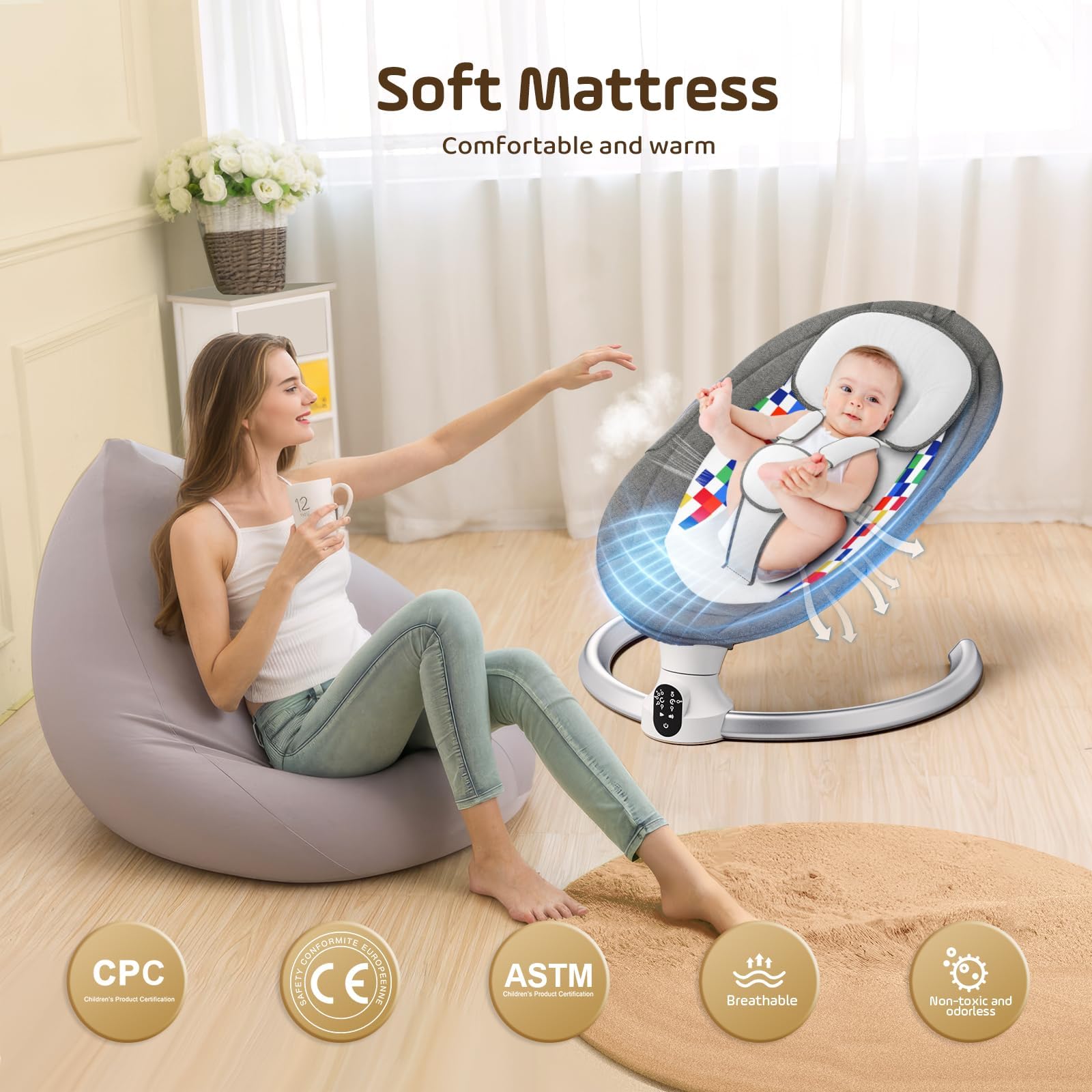 Mecedora Bebe electrica, Hamaca bebé eléctrica para Desde el nacimiento hasta los 6 meses, Bluetooth y APP Control Silla Mecedora,5 modos de columpio,10 melodías, con arnés seguridad 5 puntos