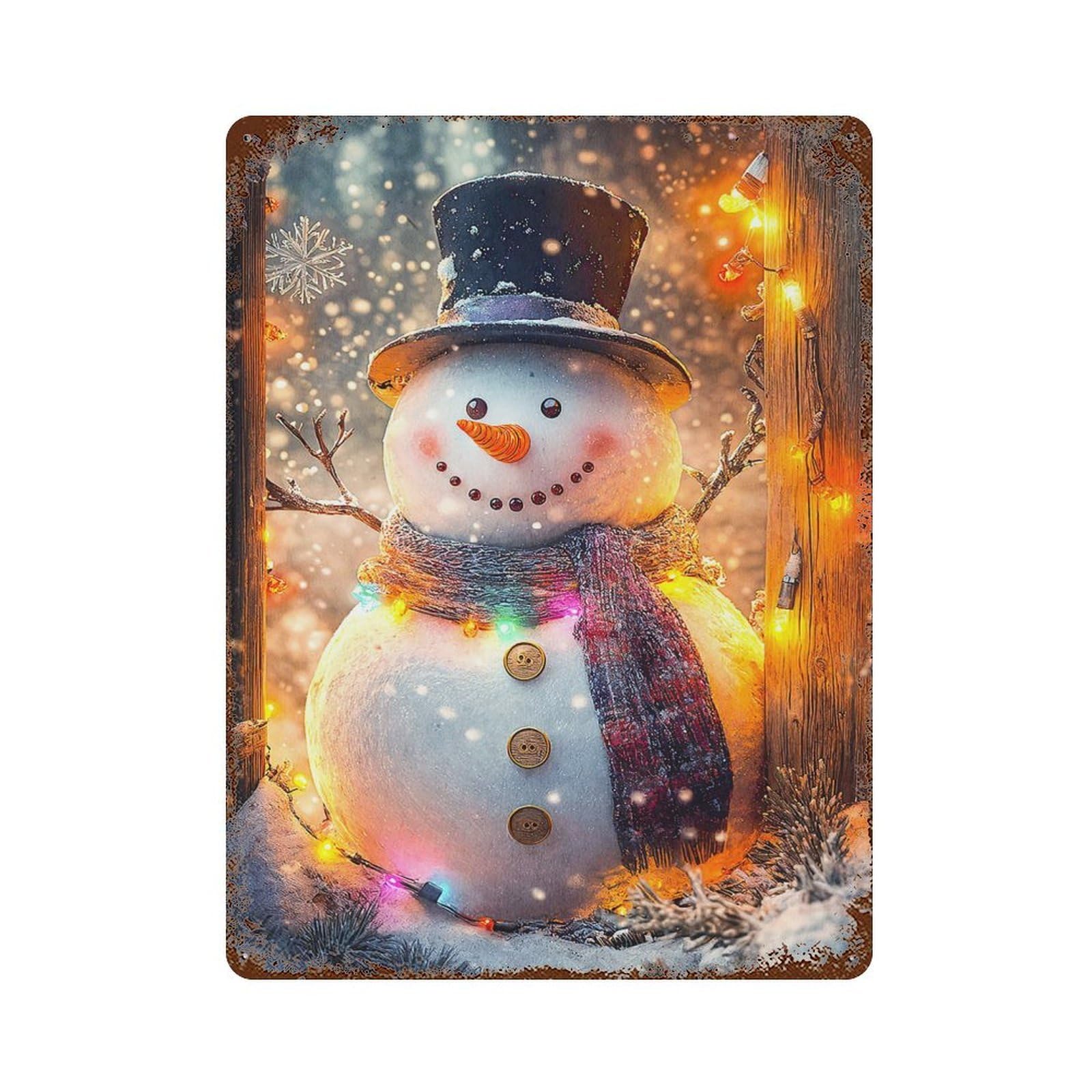 Distressed Metal Wall Sign with Smiling Snowman with Lights Design 15.7"x11.8", for Office, Studio And Wall Decor, Industrial Home Decor