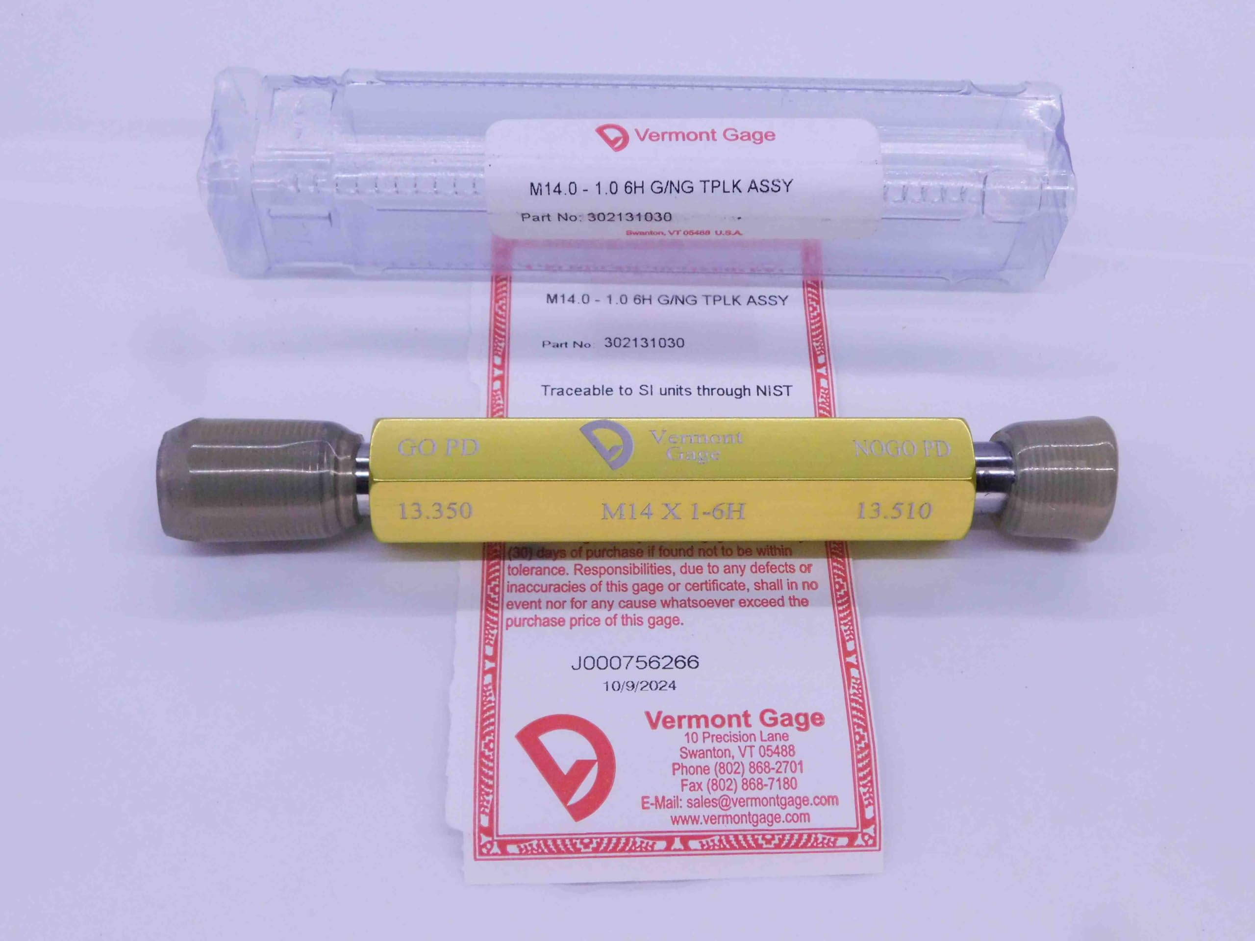 New M14 X 1 6H Vermont Thread Plug GAGE 14 1.0 GO NO GO P.D.'S = 13.350 & 13.510 - DW31198VTG