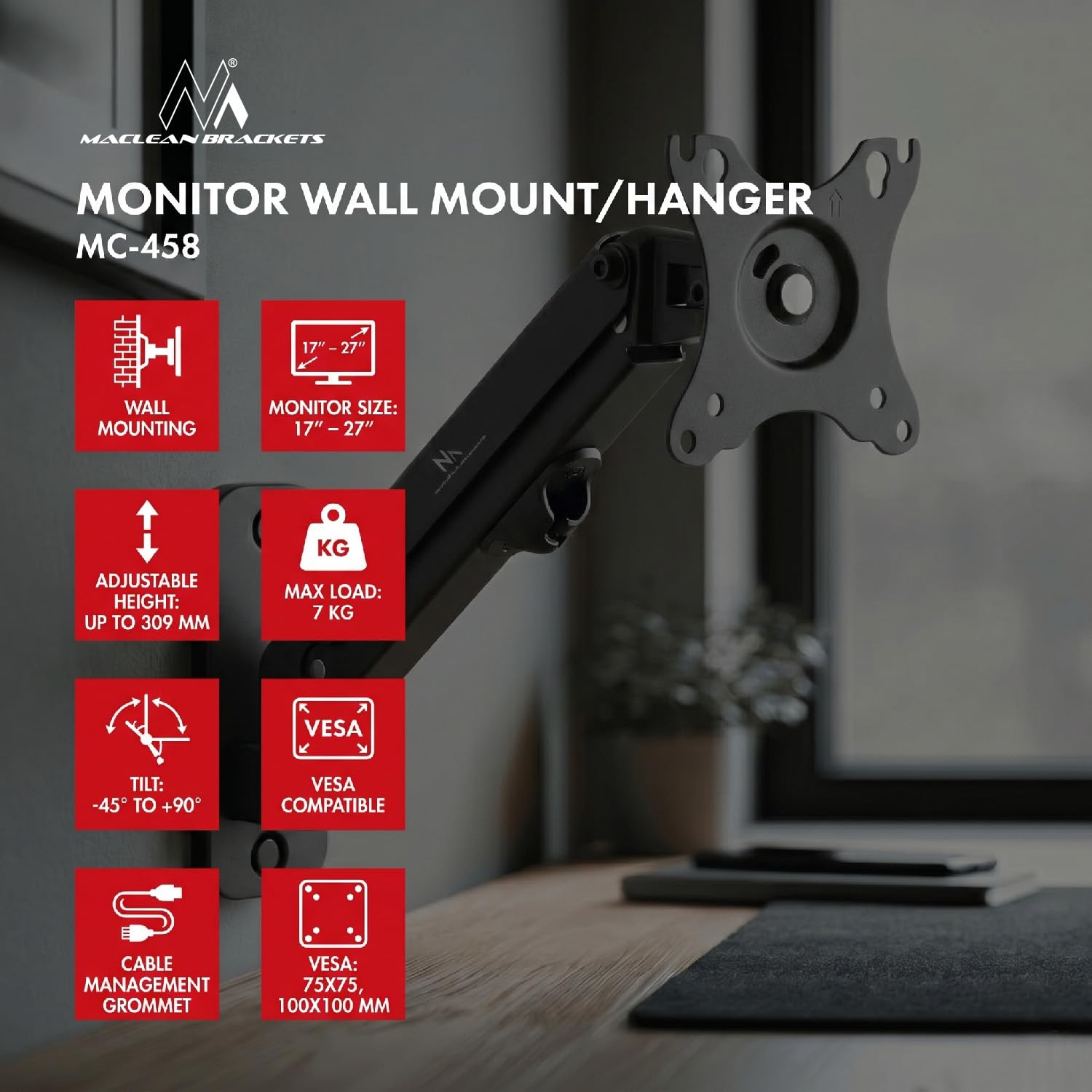 Supporto a parete per monitor Maclean, 17-27'', 7 kg max, molla a gas, MC-458
