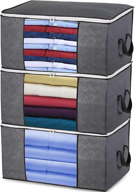 Large Clothes Storage Bags with Zips, 3 PCS Duvet Storage Bag King Size, Thick Breathable Fabric Underbed Storage Bags with Clear Windows, Clothing Storage Bags for Quilt, Bedding, Blankets