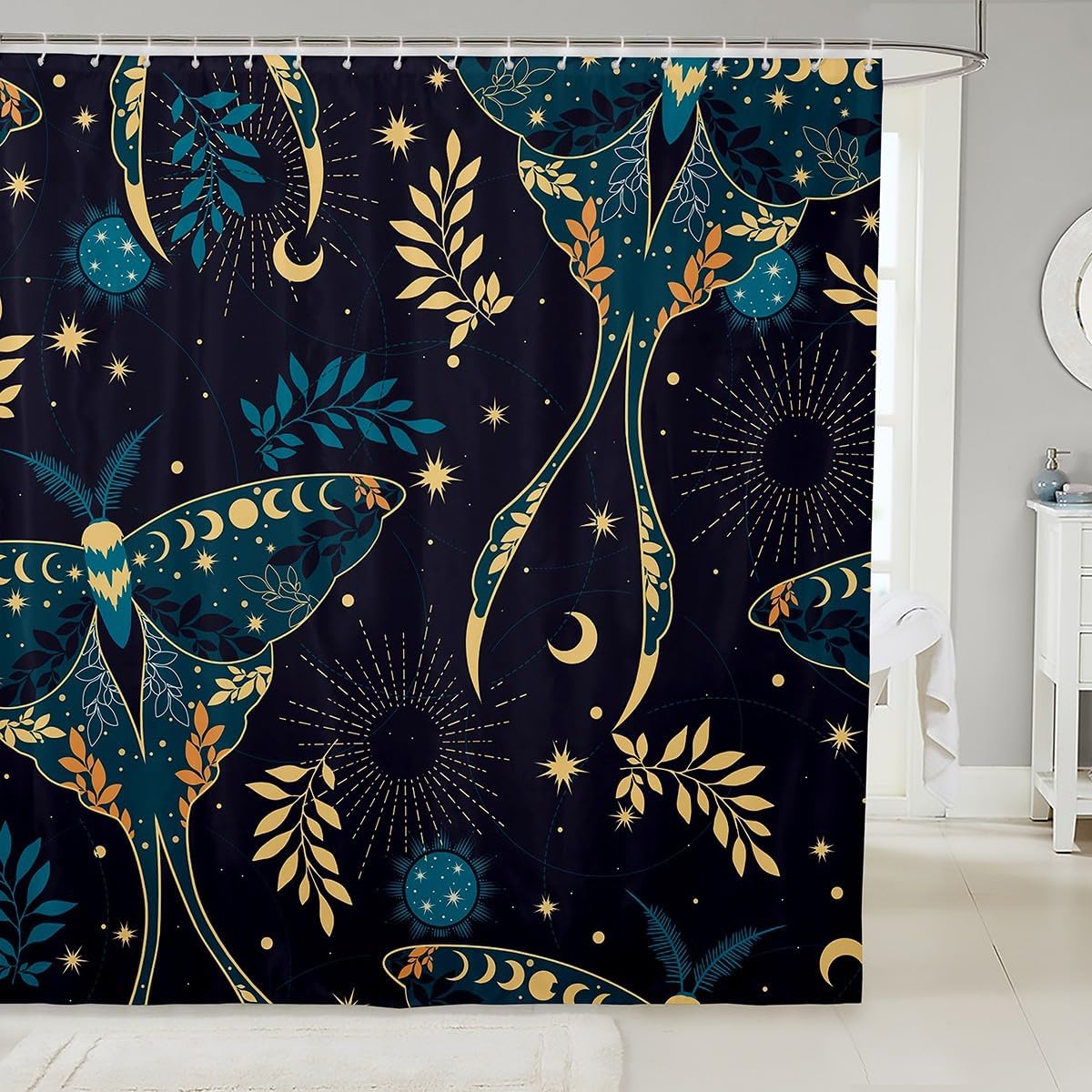 Homewish Dead Moth Kids Shower Curtains,Sun Moon Starry Sky Trippy Bathroom Curtains for Girls Boys Adults,Leaves Plants Boho Exotic Colorful Chic Waterproof Curtain,12 Hooks Suits,72" W x 78" L