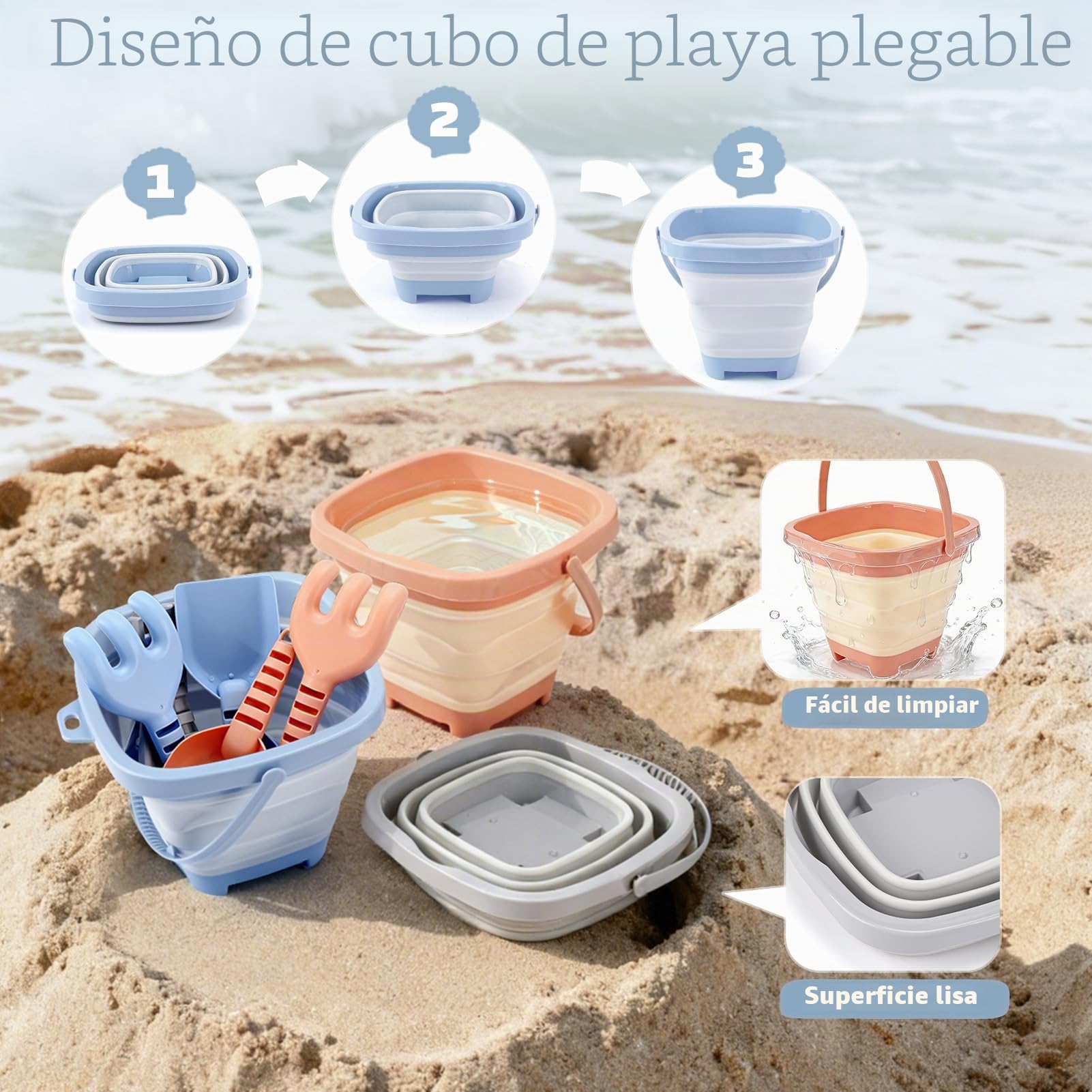 Dreamon Juguetes de Playa para Niños Bebe, 18 Piezas Juguetes de Arena con Cubo Playa Plegable Palas Rastrillo Moldes de Arena, Juguete Playa para Niños Niñas 3 4 5 (Azul, Naranja, Gris)